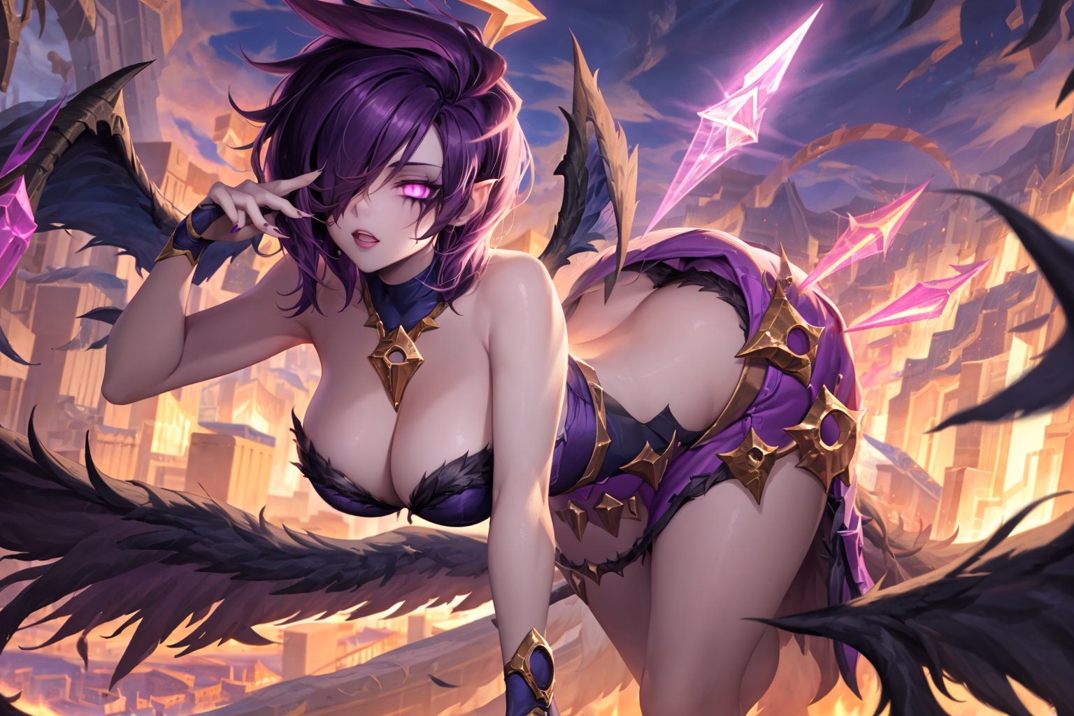 masterpiece, best quality, 1girl, morgana, dark purple hair, hair over one eye, short hair, halo, purple eyes, (glowing eyes:0.5), ass, bare shoulders, cleavage,  fingernails, large breasts, looking at viewer, panties, solo, strapless dress, wings, flying in sky, purple cloud, dark pink and purple sky <lora:Morgana:1>