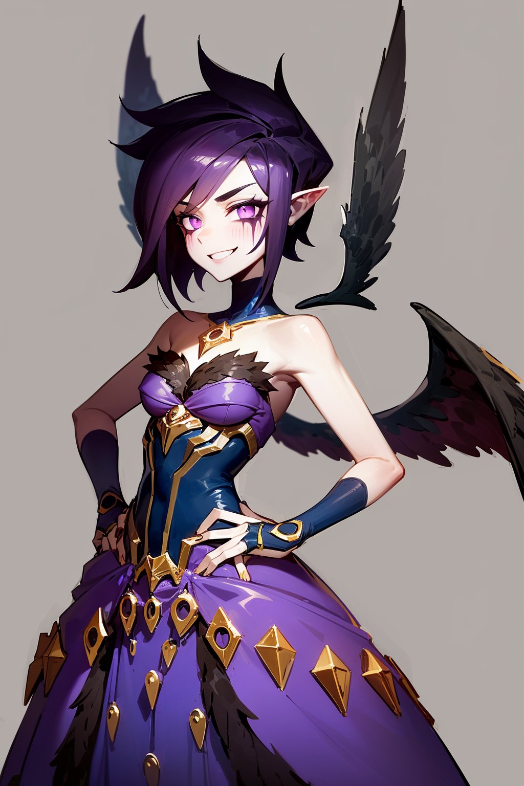 masterpiece, best quality, 1girl, morgana, dark purple hair, short hair, purple eyes, (glowing eyes:0.5), breats, dress, black wings, hands on hips, smile, standing, solo, simple background <lora:Morgana:1>