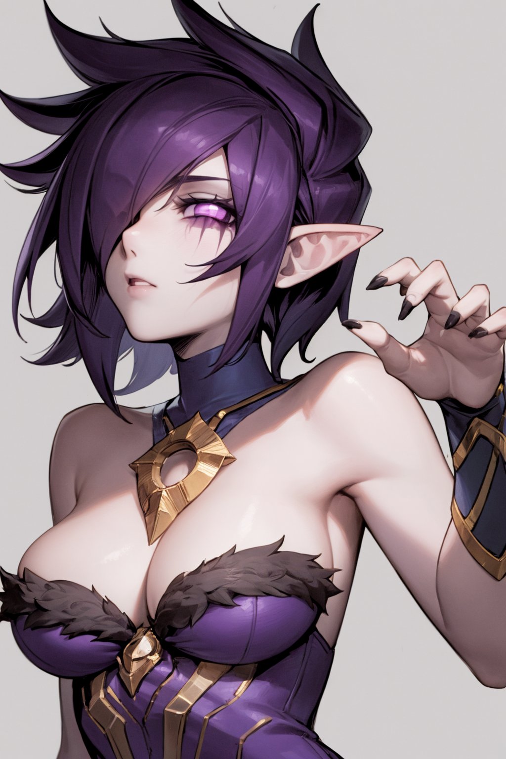 masterpiece, best quality, 1girl, morgana, dark purple hair, hair over one eye, short hair, purple eyes, pointy ears, (grey skin:1.3), bare shoulders, closeup, sketch, solo, simple background  <lora:Morgana:1>