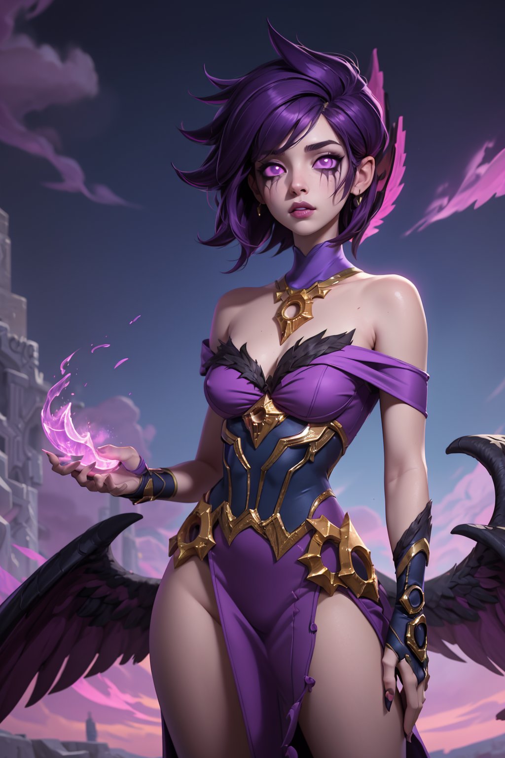 masterpiece, best quality, 1girl, morgana, dark purple hair, short hair, purple eyes, bare shoulders, dress, off shoulder, solo, wings, looking at viewer, cowboy shot, cinematic composition, contrapposto, pink and purple sky, purple cloud, pink mist <lora:Morgana:1>