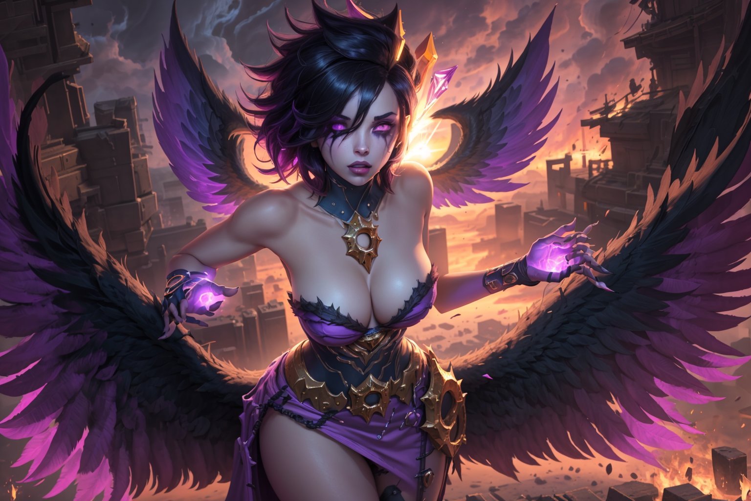 masterpiece, best quality, 1girl, morgana, black hair, hair over one eye, short hair, halo, purple eyes, (glowing eyes:0.5), grey skin, bare shoulders, cleavage, large breasts, looking at viewer, panties, solo, strapless dress, wings, flying in sky, purple cloud, dark pink and purple sky <lora:Morgana:1>