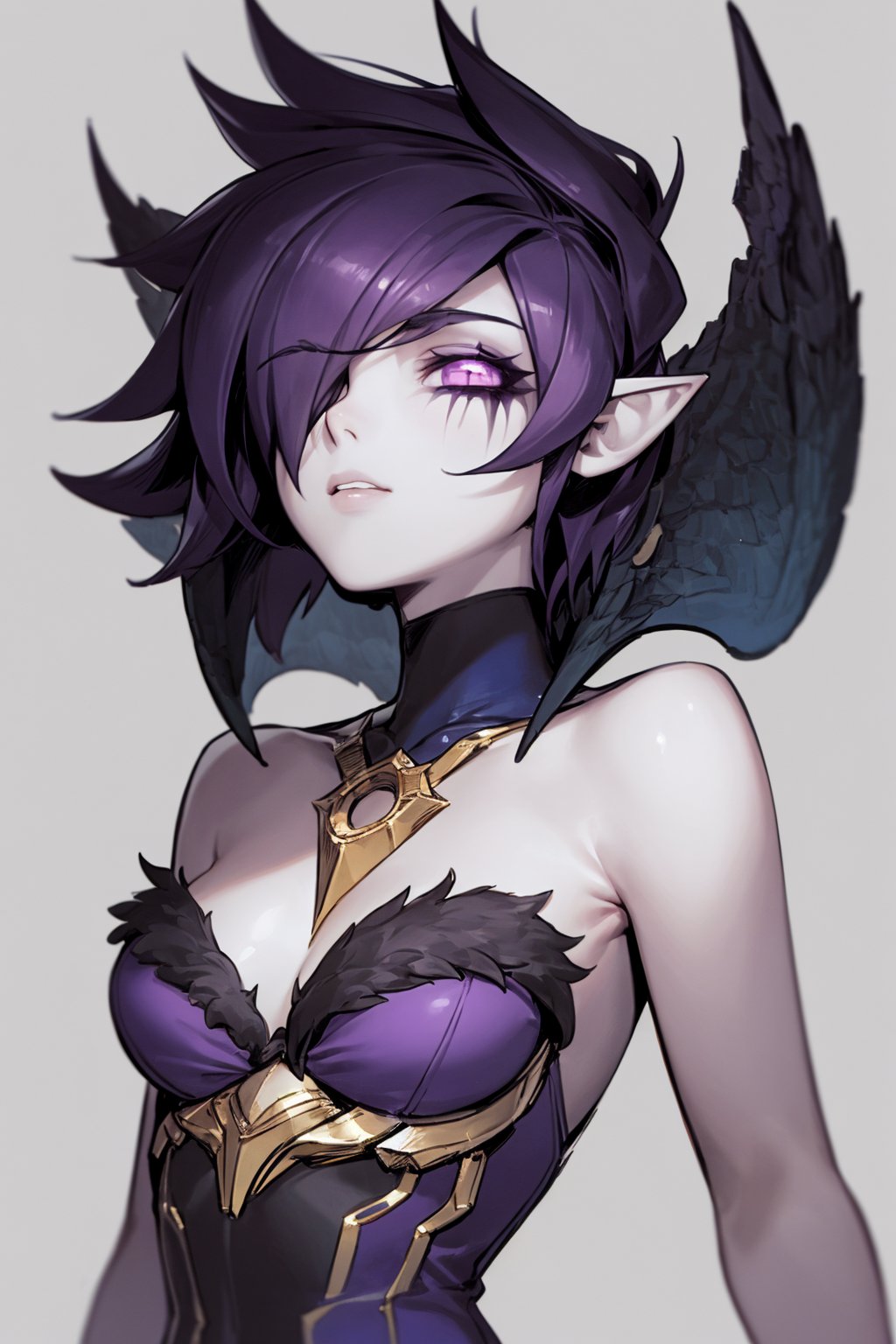 masterpiece, best quality, 1girl, morgana, dark purple hair, hair over one eye, short hair, purple eyes, pointy ears, (grey skin:1.3), bare shoulders, closeup, sketch, solo, simple background  <lora:Morgana:1>