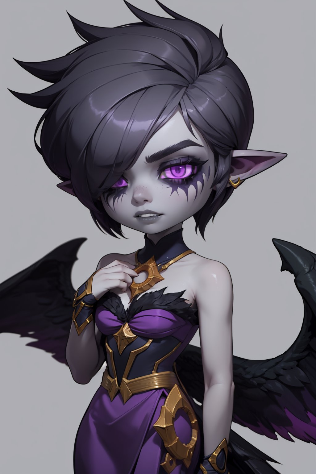 masterpiece, best quality, 1girl, morgana, black hair, hair over one eye, short hair, purple eyes, pointy ears, (grey skin:1.3), bare shoulders, purple dress, wings, solo, simple background, chibi <lora:maplestory_LoCon:0.8>  <lora:Morgana:1>