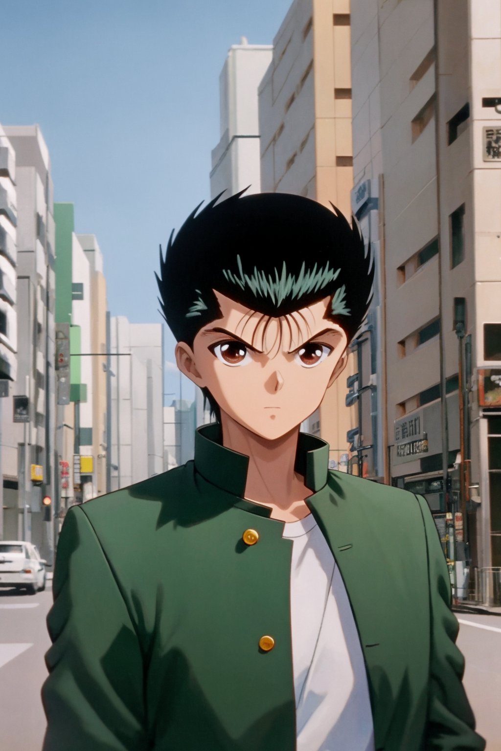 masterpiece, best quality, 1boy, yusukeurameshi, 1boy, black hair, brown eyes, gakuran, green jacket, open clothes, white shirt, upper body, solo, street, buildings, tokyo street background <lora:YusukeUrameshi:1>