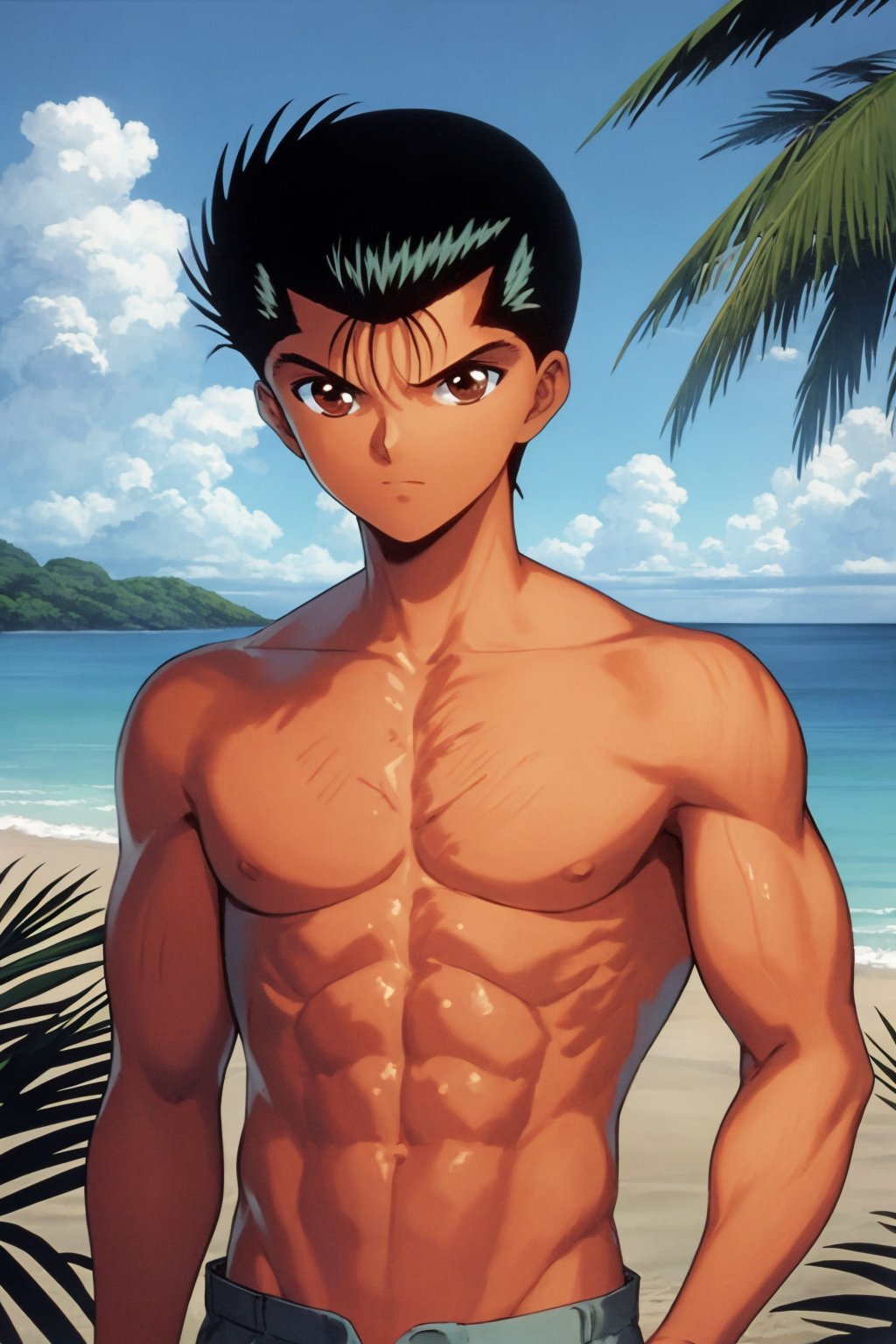 masterpiece, best quality, 1boy, yusukeurameshi, 1boy, black hair, brown eyes, topless, muscular, upper body, solo, sea, sand, tropical island background <lora:YusukeUrameshi:1>