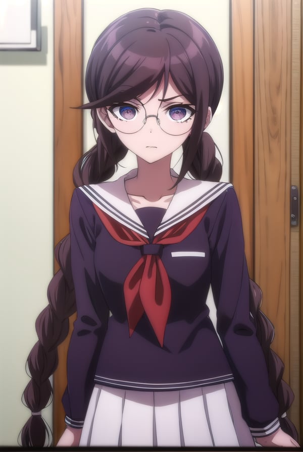 toukofukawa, <lora:touko fukawa s1-lora-nochekaiser:1>,touko fukawa, long hair, bangs, brown hair, braid, glasses, mole, twin braids, mole under mouth, round eyewear, (brown eyes:1.3),BREAK skirt, shirt, long sleeves, school uniform, serafuku, sailor collar, neckerchief, black shirt, red neckerchief,BREAK indoors, classroom,BREAK looking at viewer, (cowboy shot:1.5),BREAK <lyco:GoodHands-beta2:1>, (masterpiece:1.2), best quality, high resolution, unity 8k wallpaper, (illustration:0.8), (beautiful detailed eyes:1.6), extremely detailed face, perfect lighting, extremely detailed CG, (perfect hands, perfect anatomy),