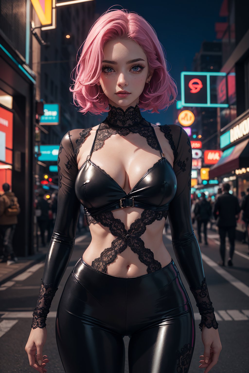 (1girl), lace top, (lingerie underneath:0.5), latex pants, long_sleeve, detached_sleeve, ((medium Breasts)), ((slim, skinny, skindentation:1.3)), ((wide hips)),masterpiece, best quality, realistic, ultra highres, depth of field, (detailed face:1.2), (detailed eyes:1.2), (detailed background), (masterpiece:1.2), (ultra detailed), (best quality), intricate, comprehensive cinematic, photography, (gradients), colorful, detailed landscape, cyberpunk night, neon lights, futuristic house, visual key, shiny skin,