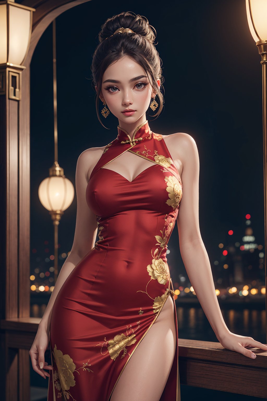 (1girl), Chinese dress, red dress, side slit, gold_trim, gold_pattern, two bun hair, ((medium Breasts)), ((slim, skinny, skindentation:1.3)), ((wide hips)),masterpiece, best quality, realistic, ultra highres, depth of field, (detailed face:1.2), (detailed eyes:1.2), (detailed background), (masterpiece:1.2), (ultra detailed), (best quality), intricate, comprehensive cinematic, photography, (gradients), colorful, detailed landscape, Chinese fastival night, lamps, visual key, shiny skin,