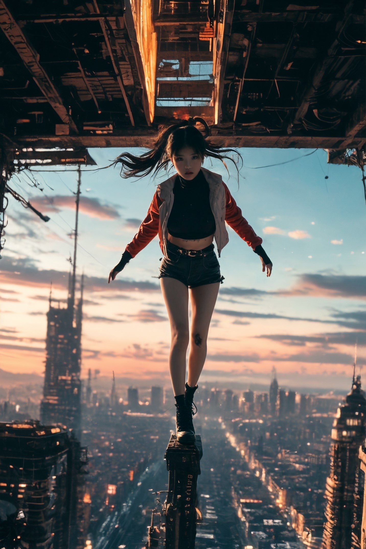 xuer flies over,  1girl, (dramatic, gritty, intense:1.4),masterpiece, best quality, 32k uhd, insane details, intricate details, hyperdetailed, hyper quality, high detail, ultra detailed, Masterpiece,city,<lora:绪儿-飞跃未来 xuer flies over:0.7>，doc_martens, white turtleneck_sweater, red jacket,