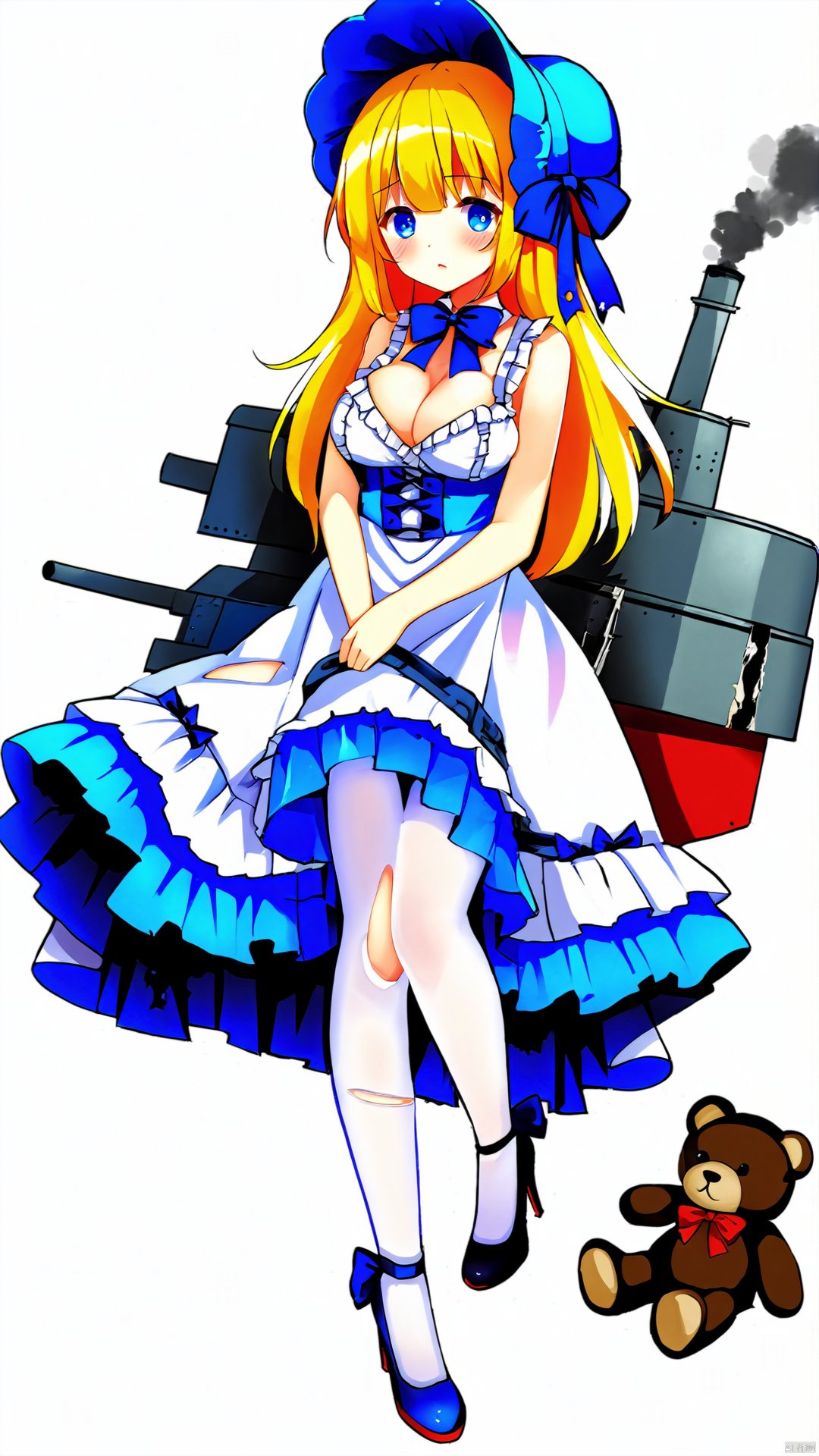 立ち絵, 立绘, characterdesign, sprite, 1girl, teddy bear, torn clothes, stuffed animal, solo, stuffed toy, blonde hair, breasts, pantyhose, rigging, blue footwear, blue eyes, long hair, dress, bonnet, torn pantyhose, damaged, blush, white background, torn dress, bow, white pantyhose, flight deck, machinery, simple background, panties, covering breasts, frills, smoke, broken, full body, blue ribbon, ribbon, high heels, shoes, blue bow, underwear, cleavage, large breasts, blue dress, cannon, hat, frilled dress, looking at viewer, turret, covering, white panties, white dress, bangs, medium breasts, blue headwear, crossed arms