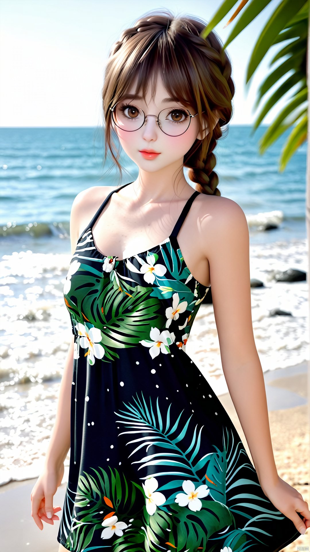 realistic, octane render, 3D CG, 1girl, breasts, outdoors, solo, glasses, looking at viewer, beach, floral print, dress, day, round eyewear, brown hair, braid, ocean, dress tug, medium breasts, cowboy shot, bare shoulders, blurry, lips, standing, blurry background, collarbone, leaf, brown eyes, short dress, swimsuit, tree, leaf print, water, twin braids, breasts apart, freckles, bare arms, small breasts, palm tree, parted bangs, sleeveless, long hair, sleeveless dress, artist name, print dress, sky