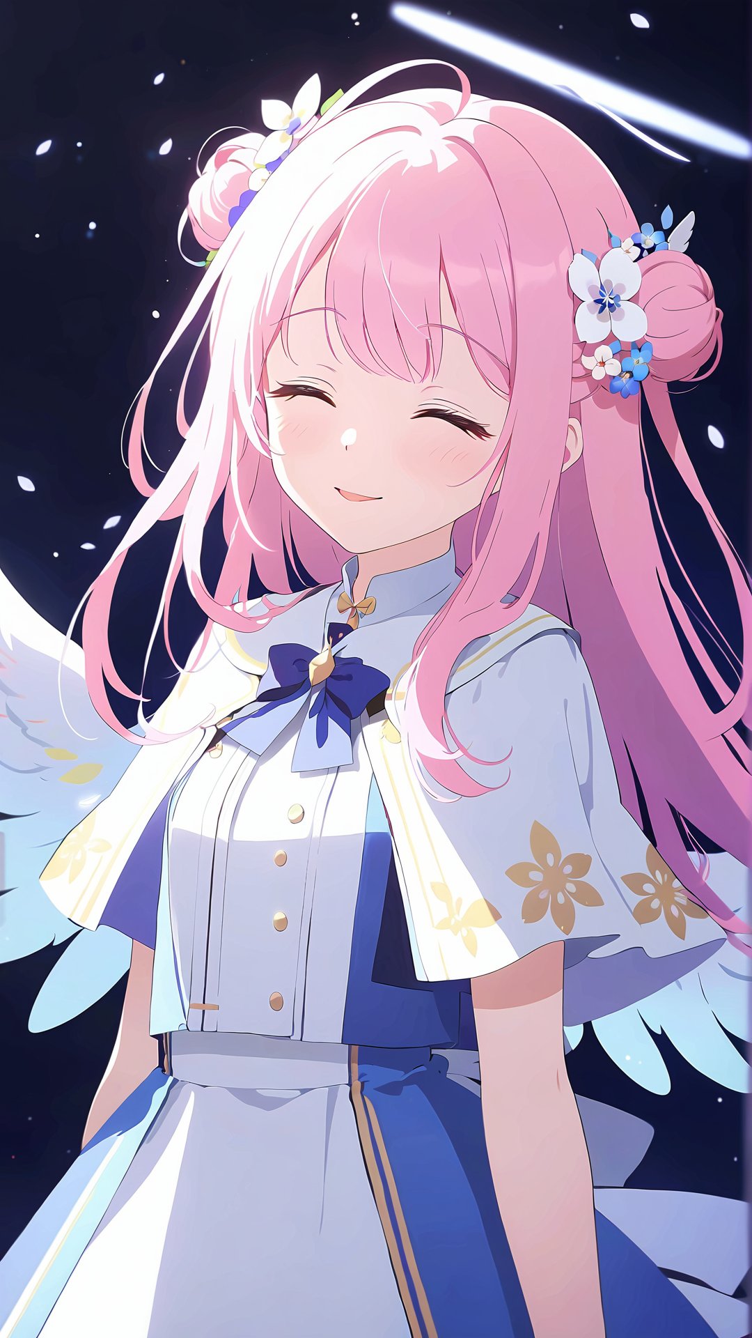 Blue Archives, Blue Archives CG, Game CG, game cg, 1girl, mika (blue archive), closed eyes, pink hair, solo, single side bun, hair ornament, long hair, hair bun, hair flower, flower, wings, bangs, capelet, white capelet, bow, smile, facing viewer, angel wings, parted lips, halo, white wings