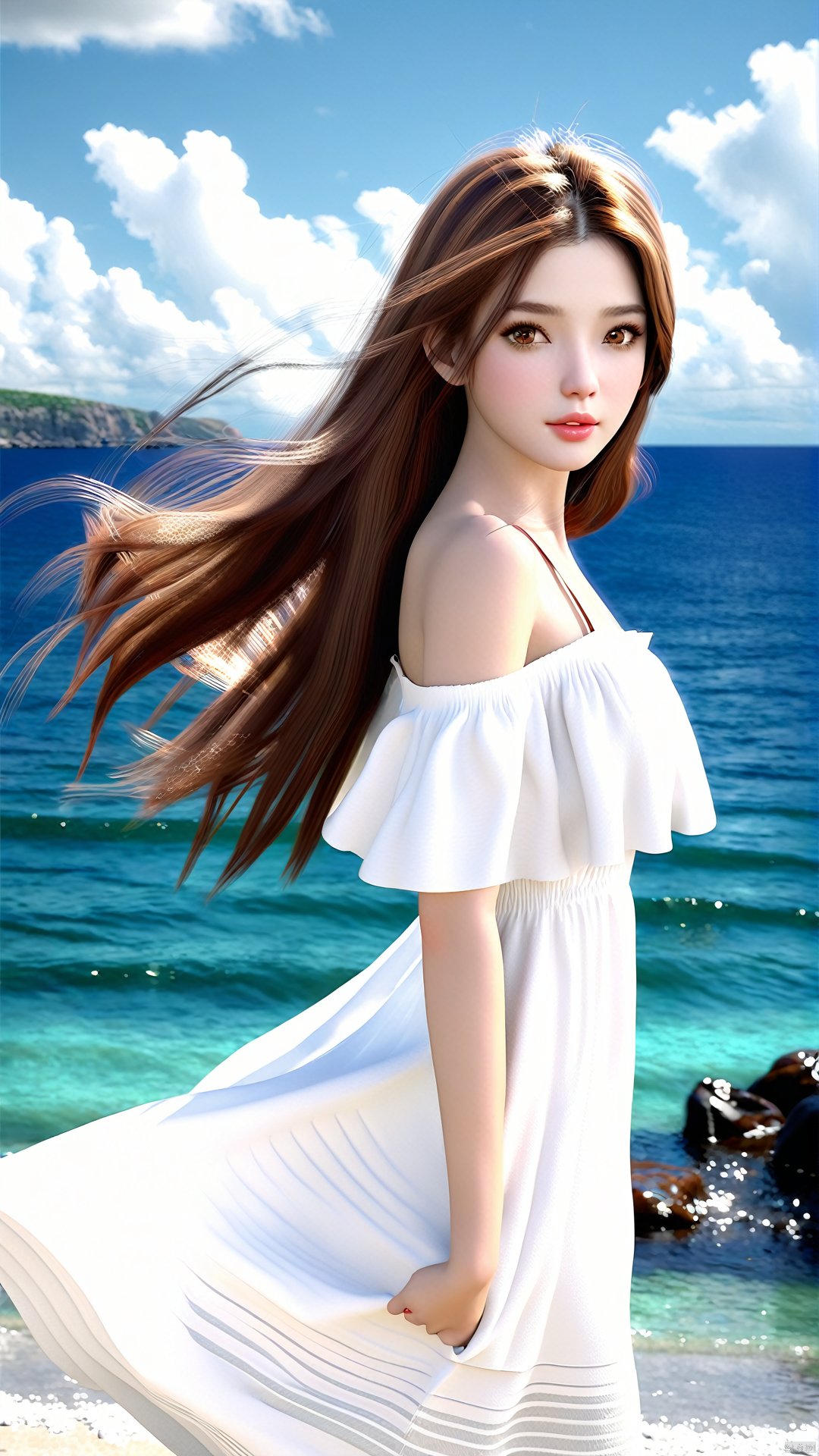 realistic, octane render, 3D CG, 1girl, long hair, solo, dress, outdoors, brown hair, looking at viewer, white dress, ocean, sky, beach, bare shoulders, off-shoulder dress, cloud, day, brown eyes, water, lips