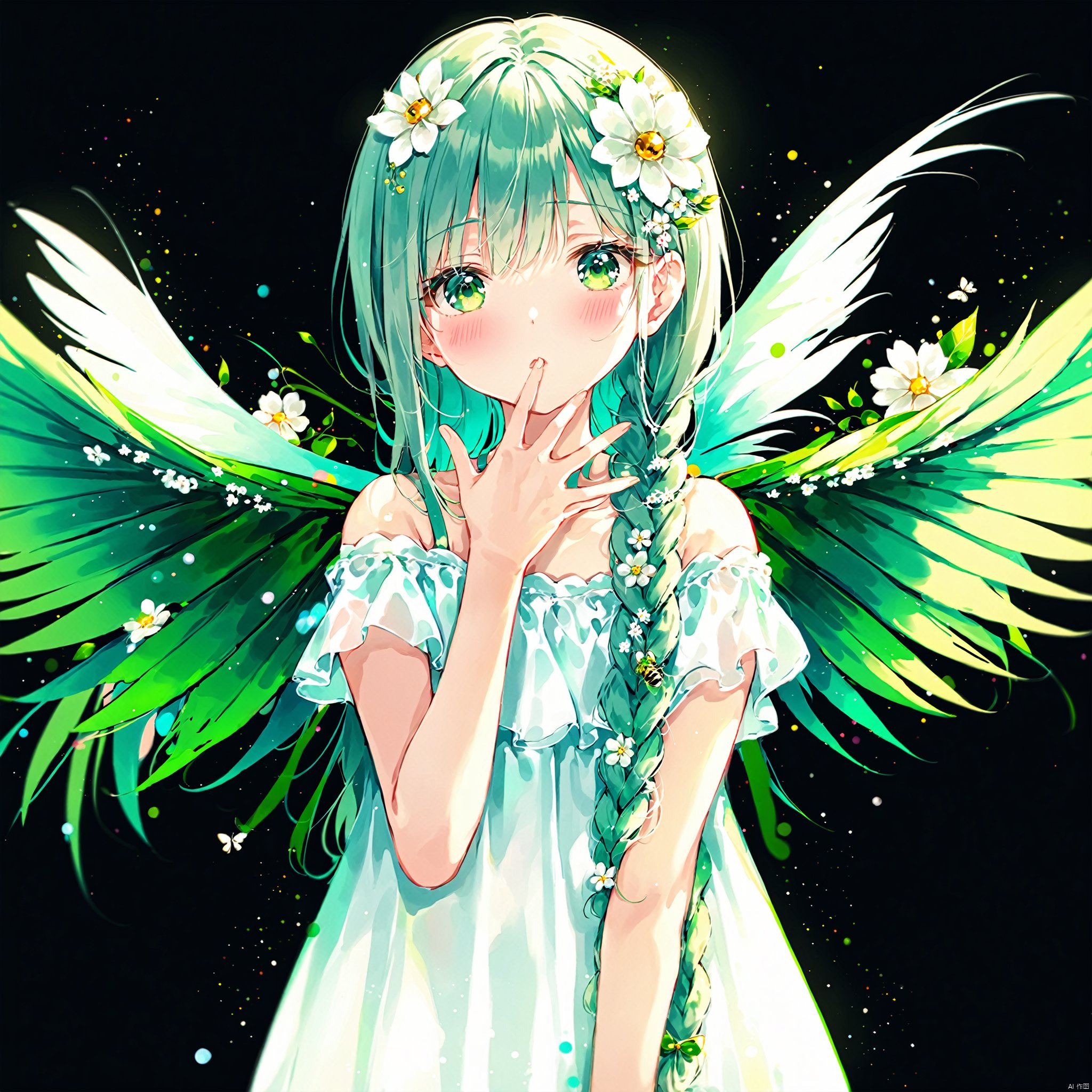 artist(roha), roha, , 1girl, solo, hair ornament, flower, braid, hair flower, dress, long hair, wings, looking at viewer, hair over shoulder, bare shoulders, white dress, bangs, blush, off shoulder, hand up, bug, white flower, upper body, parted lips, off-shoulder dress, aqua eyes, black background, green eyes, collarbone, green wings