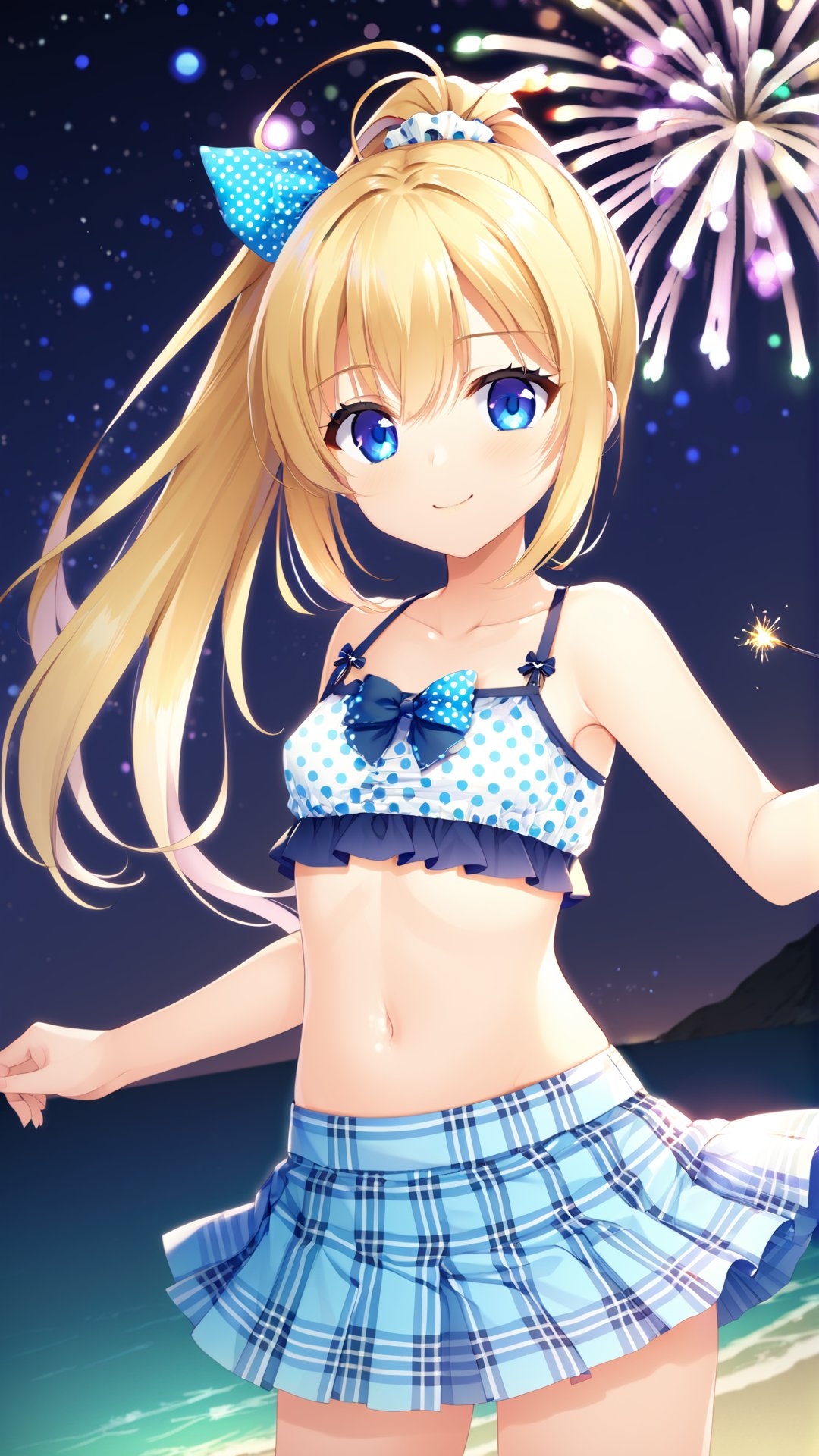 game cg, Galgame, Galgame CG, Yuzu-Soft, 1girl, solo, sparkler, fireworks, blonde hair, night, navel, skirt, smile, dutch angle, long hair, blue eyes, outdoors, sky, swimsuit, looking at viewer, bikini, plaid, collarbone, bangs, white bikini, closed mouth, ponytail, hair between eyes, beach, night sky, miniskirt, standing, ocean, star (sky), bare shoulders, outstretched arm, polka dot, midriff, bow, starry sky, hair bow, plaid skirt, small breasts, scrunchie