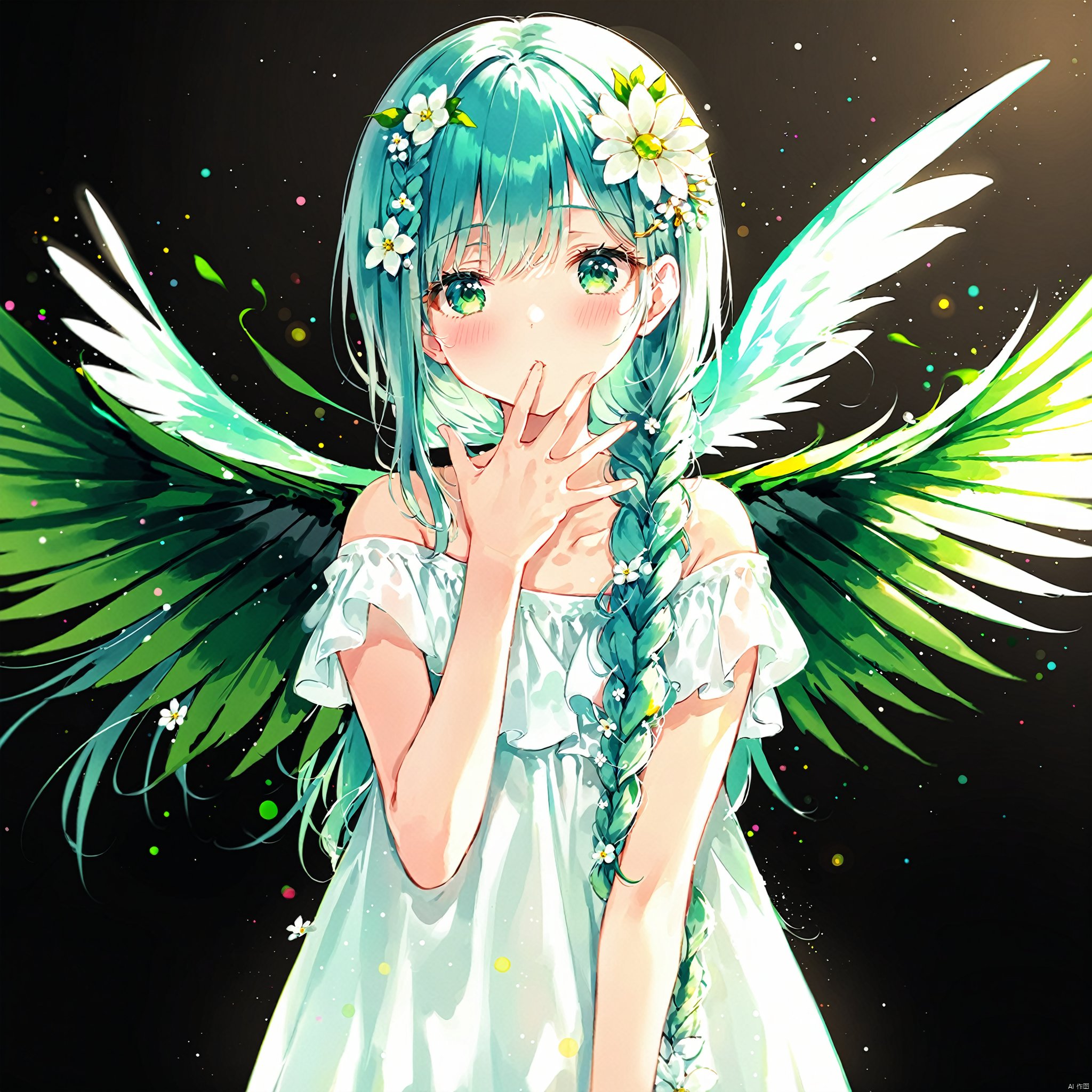 artist(roha), roha, , 1girl, solo, hair ornament, flower, braid, hair flower, dress, long hair, wings, looking at viewer, hair over shoulder, bare shoulders, white dress, bangs, blush, off shoulder, hand up, bug, white flower, upper body, parted lips, off-shoulder dress, aqua eyes, black background, green eyes, collarbone, green wings