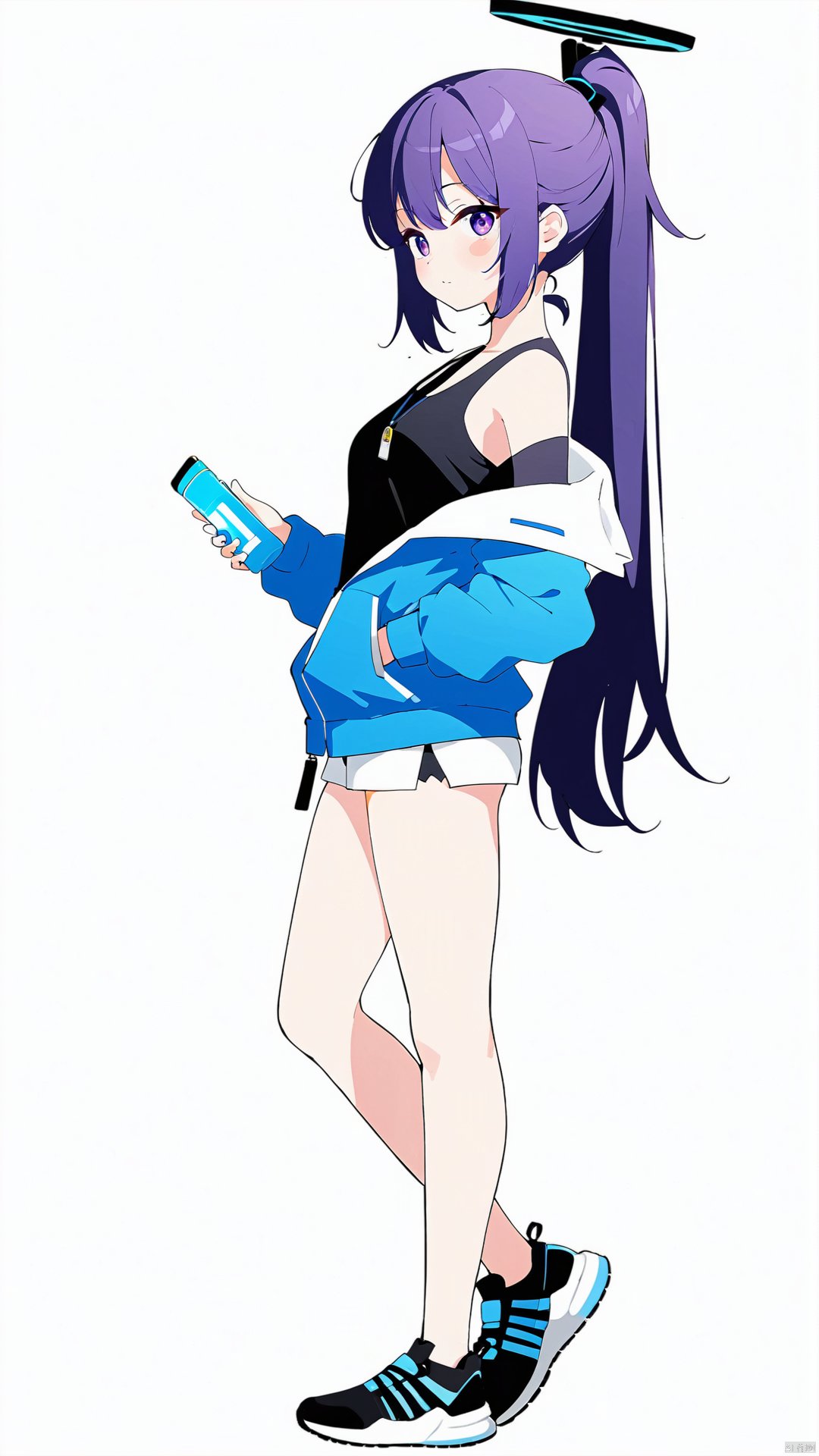 立ち絵, 立绘, characterdesign, sprite, 1girl, yuuka (blue archive), halo, drone, official alternate costume, jacket, buruma, water bottle, bottle, solo, phone, white background, long hair, track jacket, shirt, blue jacket, looking at viewer, holding, purple hair, cellphone, full body, simple background, id card, purple eyes, lanyard, off shoulder, black shirt, holding phone, blue buruma, shoes, standing, gym uniform, ponytail, bangs, sticker on face, breasts, holding bottle, black footwear, closed mouth, smartphone, from side, blush, blue eyes, jacket partially removed, long sleeves, parted bangs