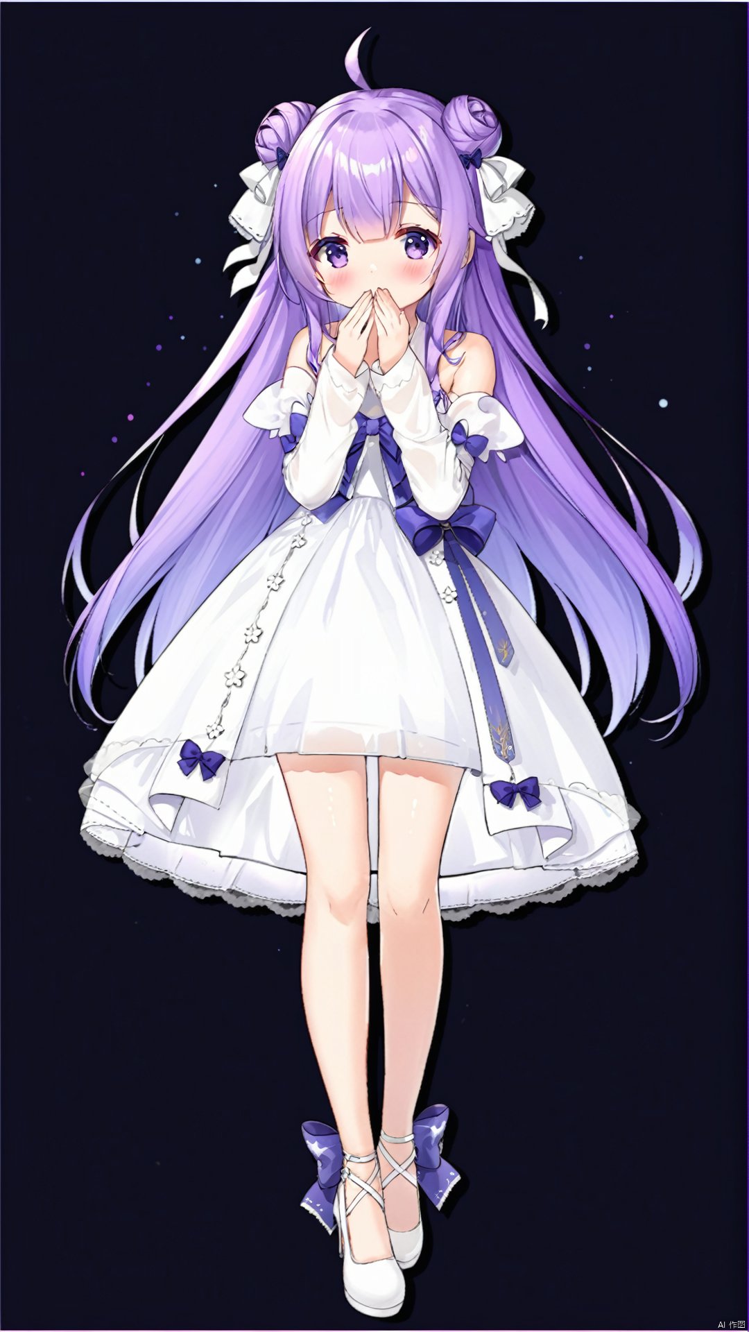 Azur Lane, 立ち絵, 立绘, characterdesign, sprite, 1girl, solo, dress, long hair, purple hair, hair bun, white dress, unicorn (azur lane), purple eyes, white background, white footwear, simple background, full body, ahoge, double bun, looking at viewer, detached sleeves, standing, bangs, long sleeves, bare shoulders, very long hair, bow, sleeves past wrists, ribbon, blush, shoes, high heels, hair ribbon, covering mouth, white sleeves, two side up, covered mouth