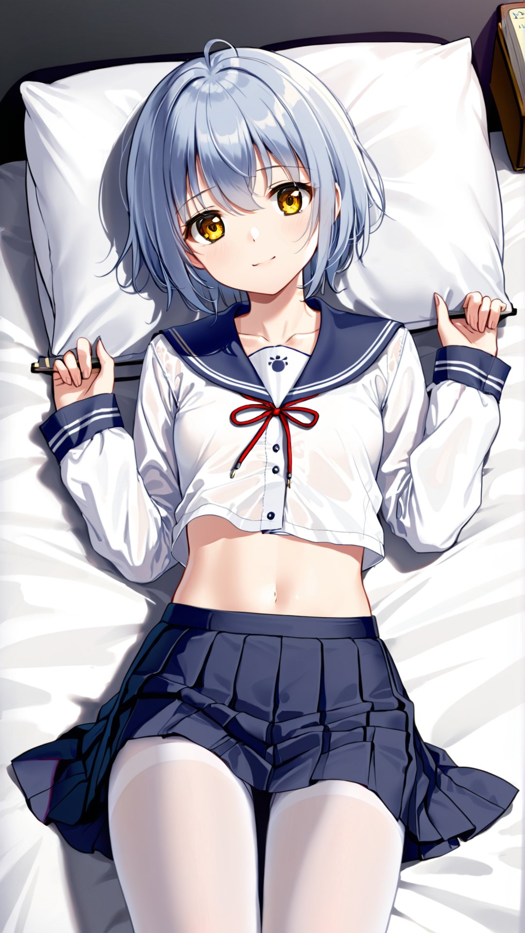 artist(haneru), haneru, 1girl, solo, skirt, pantyhose, underwear, lying, navel, panties, clothes pull, skirt pull, on back, looking at viewer, white shirt, blue skirt, pillow, white pantyhose, bra, pleated skirt, white panties, shirt, phone, panties under pantyhose, blue hair, short hair, hand on own stomach, on bed, collarbone, cellphone, smile, long sleeves, book, bed sheet, closed mouth, string of fate, sailor collar, string, stomach, smartphone, hair between eyes, white bra, school uniform, yellow eyes, bangs, serafuku, star (symbol), clothes lift, shirt lift, grey hair, artist name, small breasts, blue sailor collar, midriff