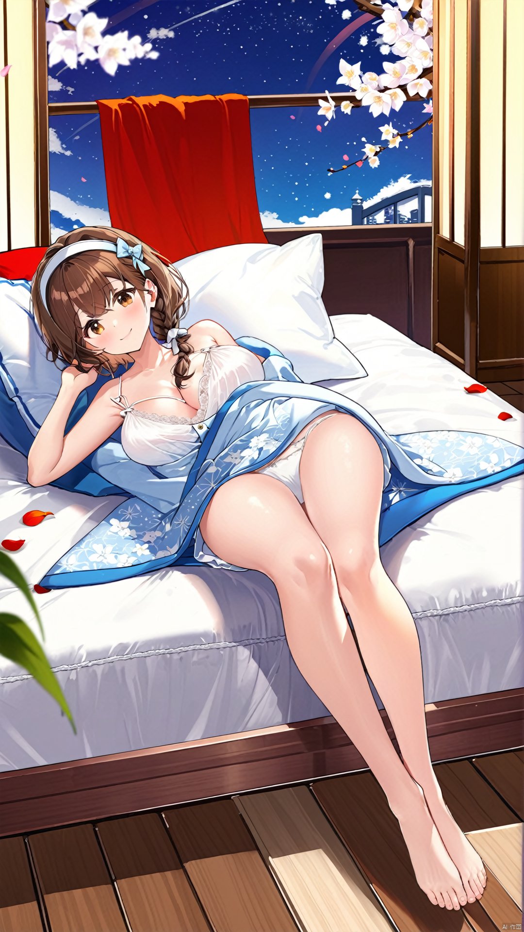 Azur Lane, 立ち絵, 立绘, characterdesign, sprite, 1girl, reisalin stout, breasts, brown hair, blanket, cleavage, lying, barefoot, large breasts, camisole, brown eyes, on stomach, feet, looking at viewer, braid, futon, official alternate costume, night, collarbone, toes, pillow, short hair, smile, armpits, solo, underwear, hairband, bare shoulders, hair bow, bow, the pose, soles, full body, flower, manjuu (azur lane), sky, wooden floor, bangs, panties, white camisole, spaghetti strap, indoors, white flower, bow hairband, star (sky), night sky, thighs, tree, feet up, closed mouth, blush, under covers, legs, petals