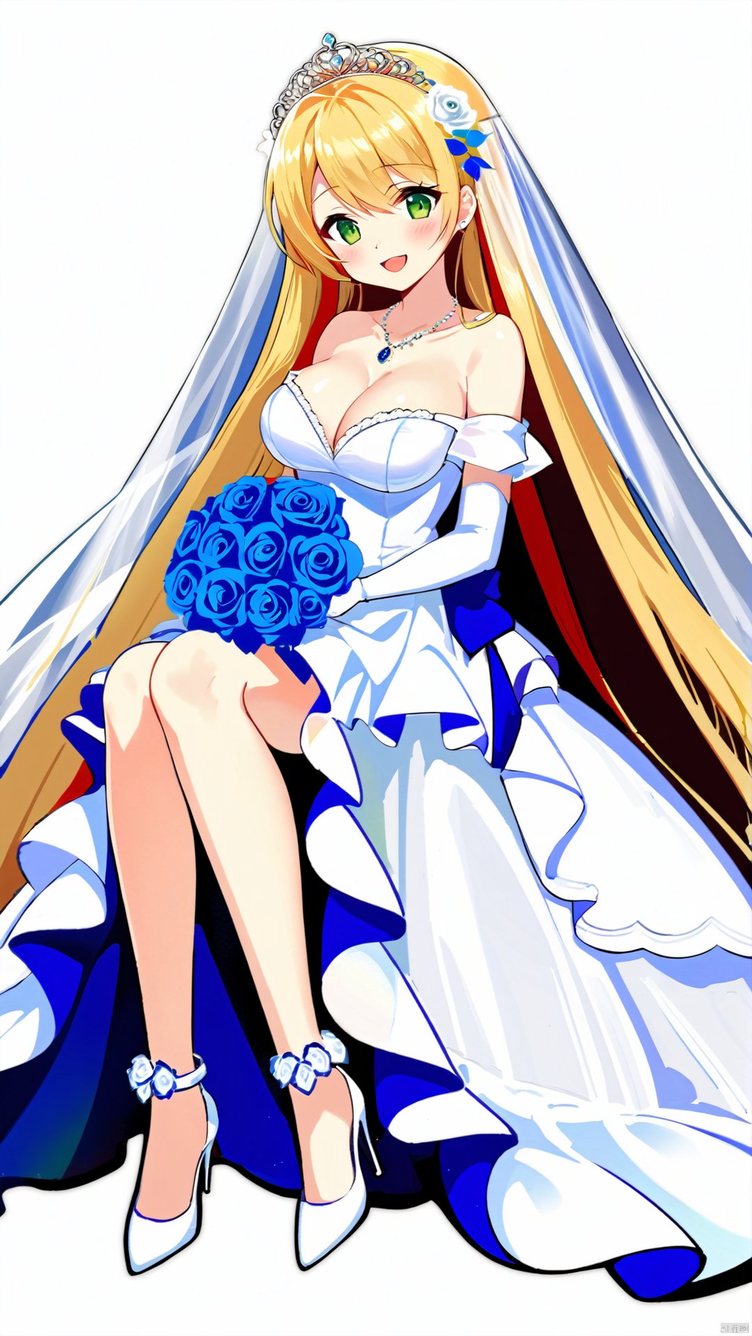 Azur Lane, 立ち絵, 立绘, characterdesign, sprite, 1girl, blonde hair, breasts, flower, dress, bouquet, solo, green eyes, long hair, white footwear, large breasts, rose, cleavage, gloves, wedding dress, white dress, sitting, white gloves, looking at viewer, jewelry, necklace, very long hair, hair ornament, white flower, white background, blush, tiara, hair flower, white rose, high heels, veil, full body, holding bouquet, see-through, blue flower, open mouth, bridal veil, bare shoulders, holding, red flower, blue rose, simple background, collarbone, red rose, hand up, smile