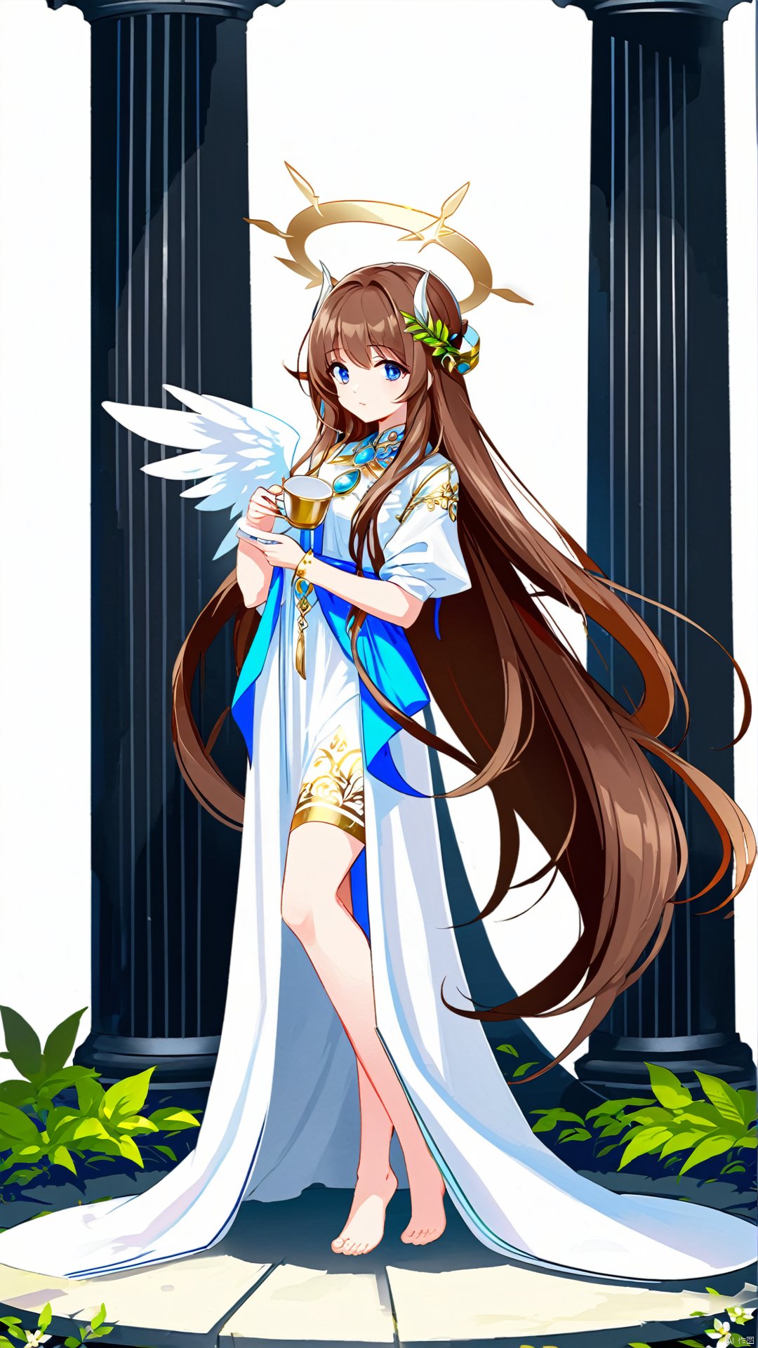 立ち絵, 立绘, characterdesign, sprite, 1girl, statue, long hair, dress, brown hair, solo, white dress, barefoot, plant, pillar, looking at viewer, breasts, horns, wings, full body, jewelry, halo, cup, holding, angel wings, very long hair, white background, blue eyes, angel, standing