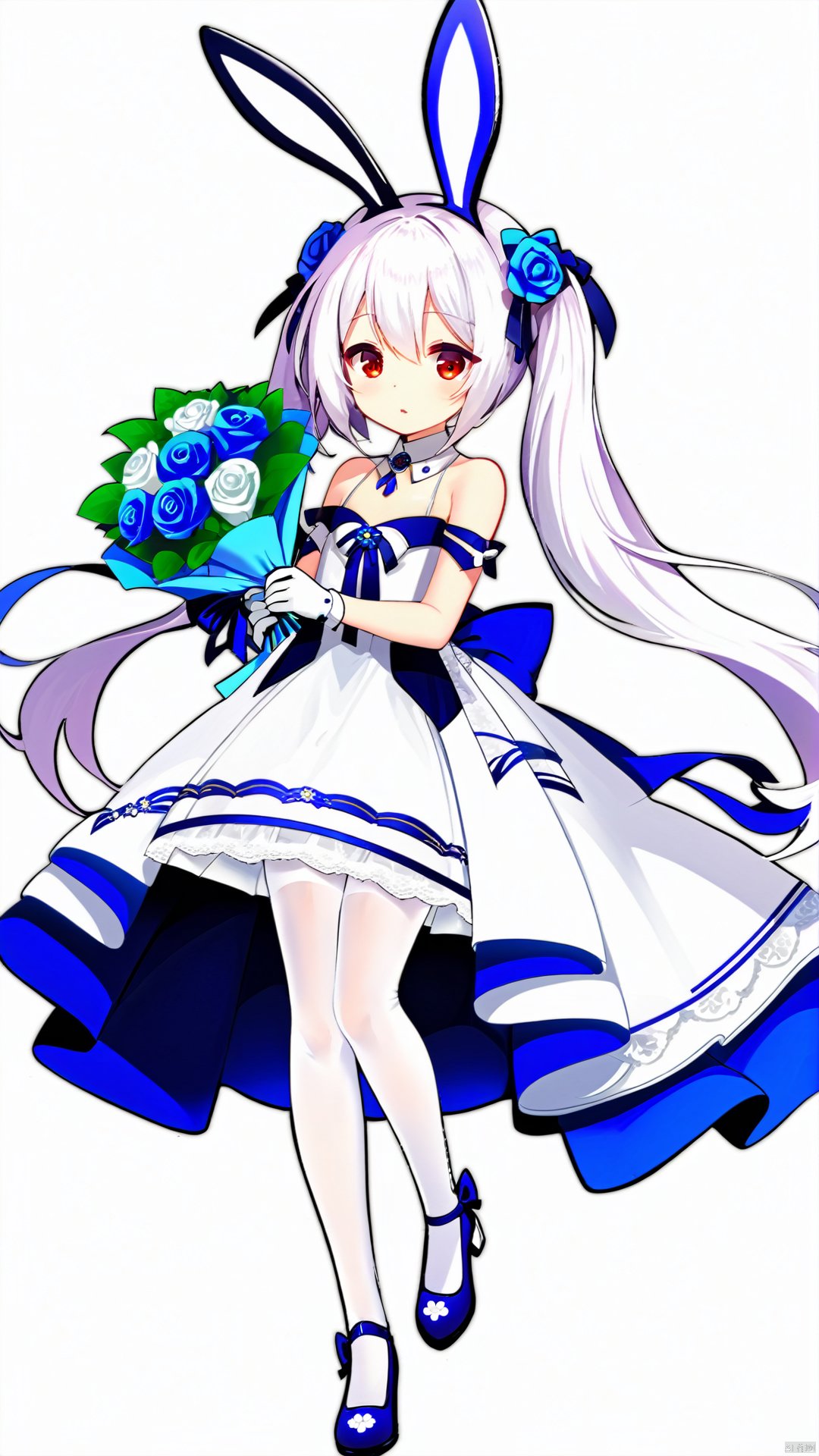 Azur Lane, 立ち絵, 立绘, characterdesign, sprite, 1girl, laffey (azur lane), twintails, dress, flower, long hair, solo, white pantyhose, bouquet, pantyhose, white hair, white dress, gloves, rabbit ears, animal ears, holding bouquet, white footwear, white gloves, red eyes, holding, full body, ribbon, blue flower, hair ornament, white flower, wedding dress, hair flower, blue ribbon, official alternate costume, sleeveless, bare shoulders, looking at viewer, torpedo, shoes, hair between eyes, very long hair, sleeveless dress, bangs, turret, torpedo tubes, white background, fake animal ears, floating hair, rabbit hair ornament, rose