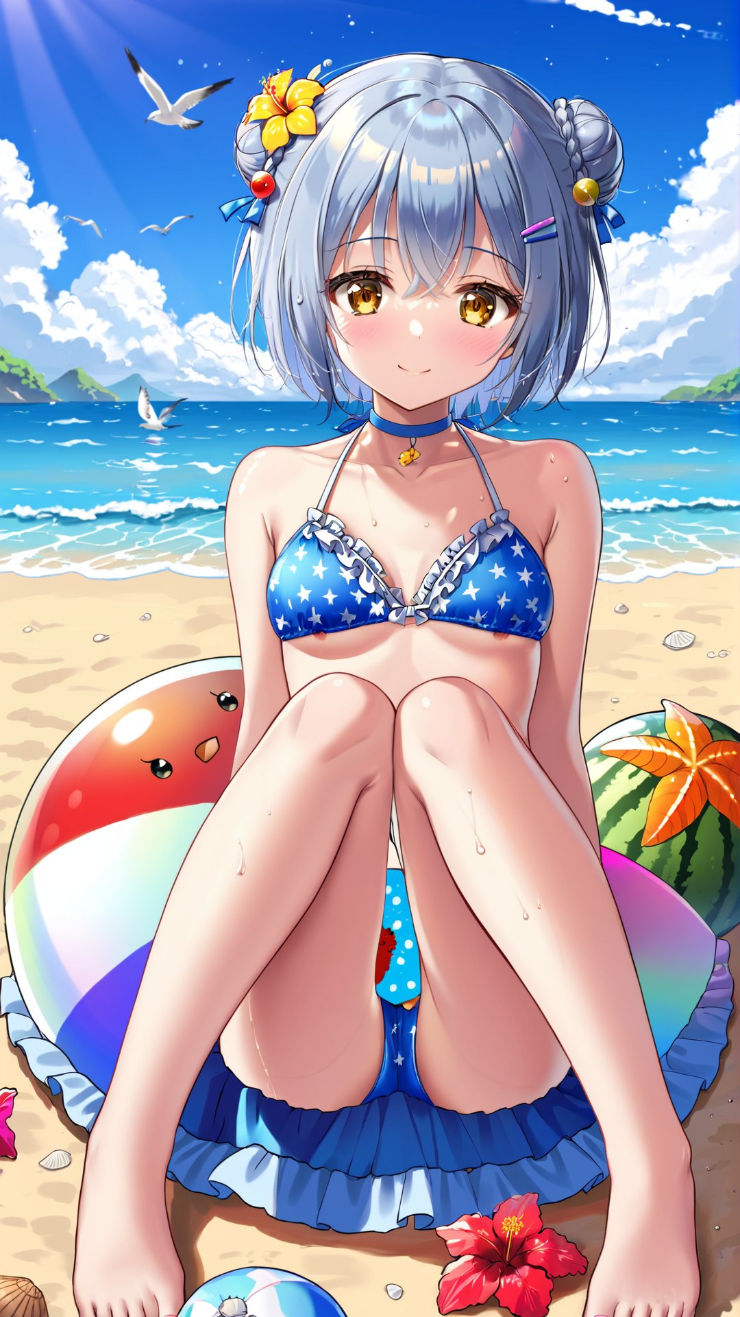 artist(haneru), haneru, 1girl, outdoors, starfish, swimsuit, solo, bikini, day, barefoot, lying, fruit, beach, ocean, hair ornament, on stomach, food, sky, wet, hairclip, water, frills, soles, choker, yellow eyes, smile, shell, frilled bikini, feet, seashell, blue bikini, bangs, watermelon, cloud, blue sky, the pose, double bun, flower, bird, bare arms, coconut, hair between eyes, hair bun, closed mouth, blue hair, seagull, short hair, toes, bare shoulders, sand, halterneck, white choker, signature, collarbone, ass, feet up, bare legs, beachball, horizon, grey hair, breasts, small breasts, ball, hibiscus, blue choker, shiny, summer, sidelocks, brown eyes, blush, artist name, braid