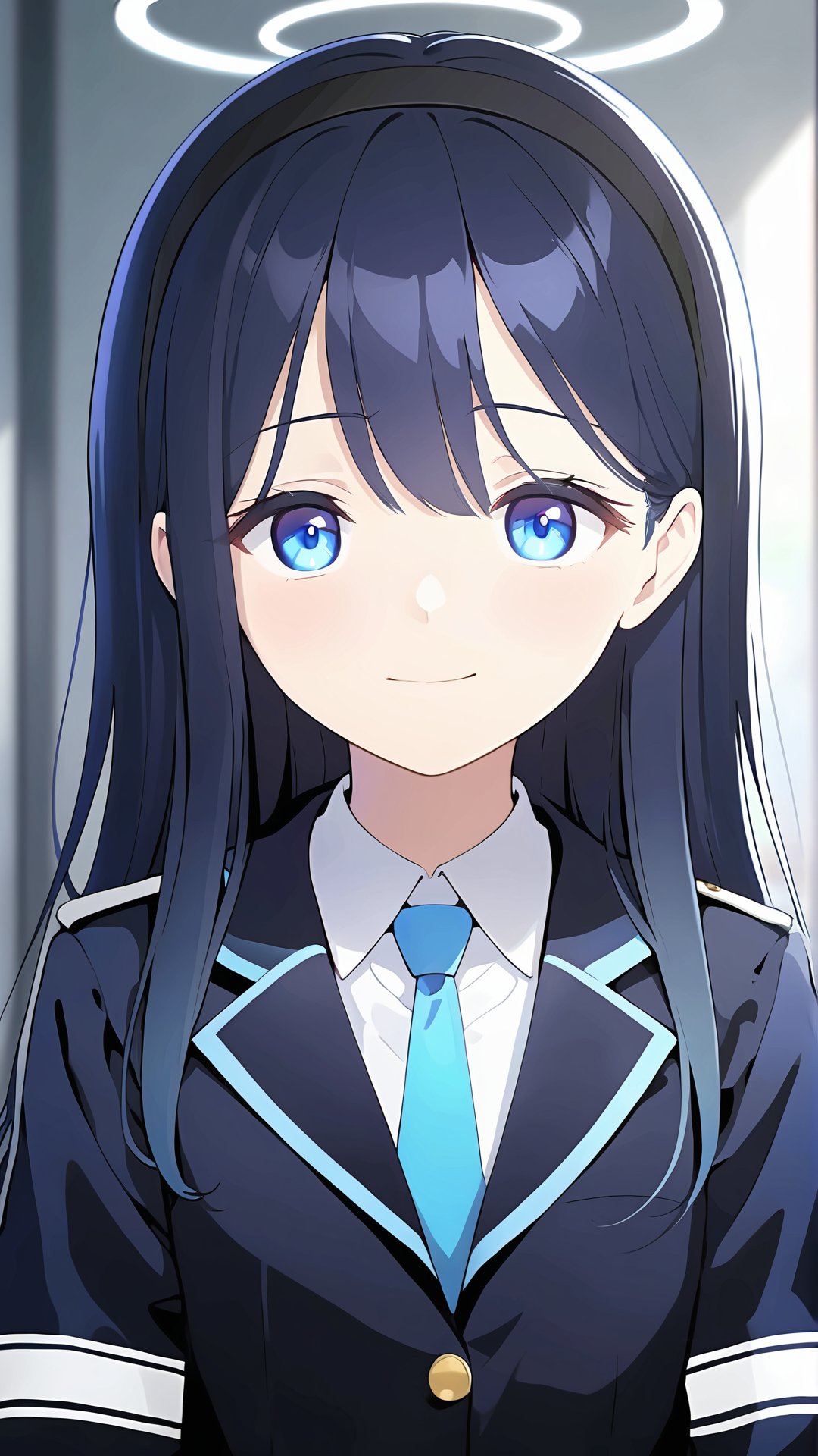 Blue Archives, Blue Archives CG, Game CG, game cg, 1girl, aris (blue archive), solo, blue eyes, necktie, smile, halo, long hair, hair between eyes, jacket, shirt, black hair, looking at viewer, hairband, one side up, collared shirt, blue necktie, white shirt, upper body, black hairband, dark blue hair, blurry, blurry background, school uniform, bright pupils, bangs, closed mouth