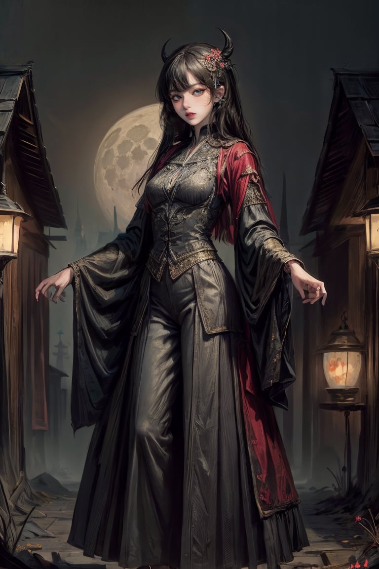 female, ((masterpiece, best quality, ultra detailed, absurdres):1.5), 1girl, bangs,beautiful,black hair,outside, long skirt, full moon, village,demonictech