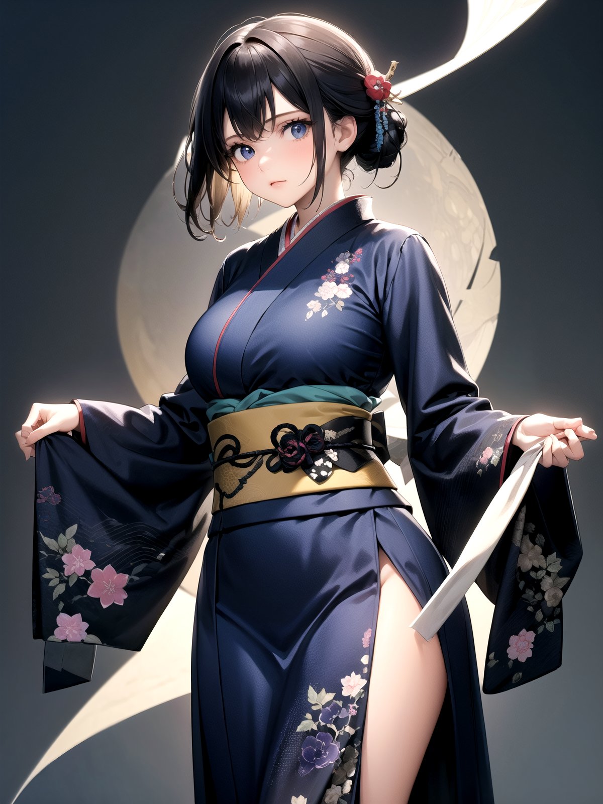 //Quality,
(masterpiece), (best quality), 8k illustration
,//Character,
1girl, solo, large breasts
,//Fashion,
details (dark blue silk brocade kimono)
,//Background,

,//Others,
