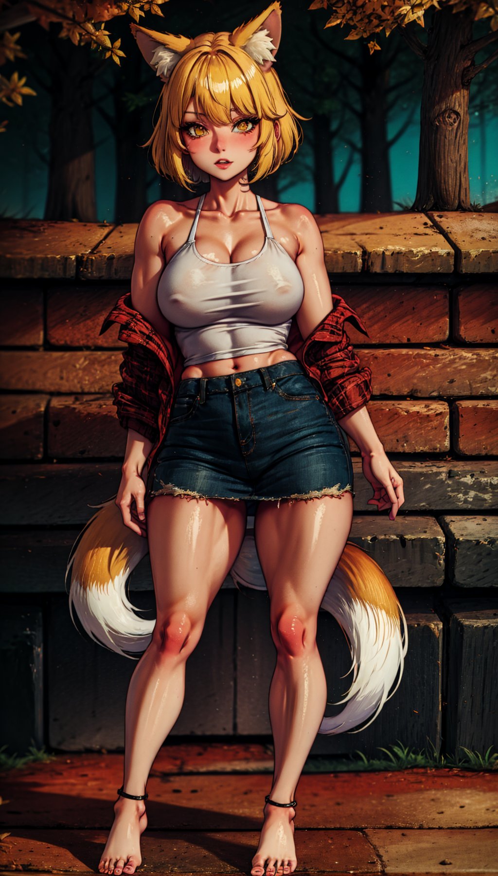 Fox girl,  blonde,  short skirt,  sleeveless,  open shirt,  tank top,<lora:EMS-498-EMS:1.000000>,<lora:EMS-257925-EMS:1.000000>