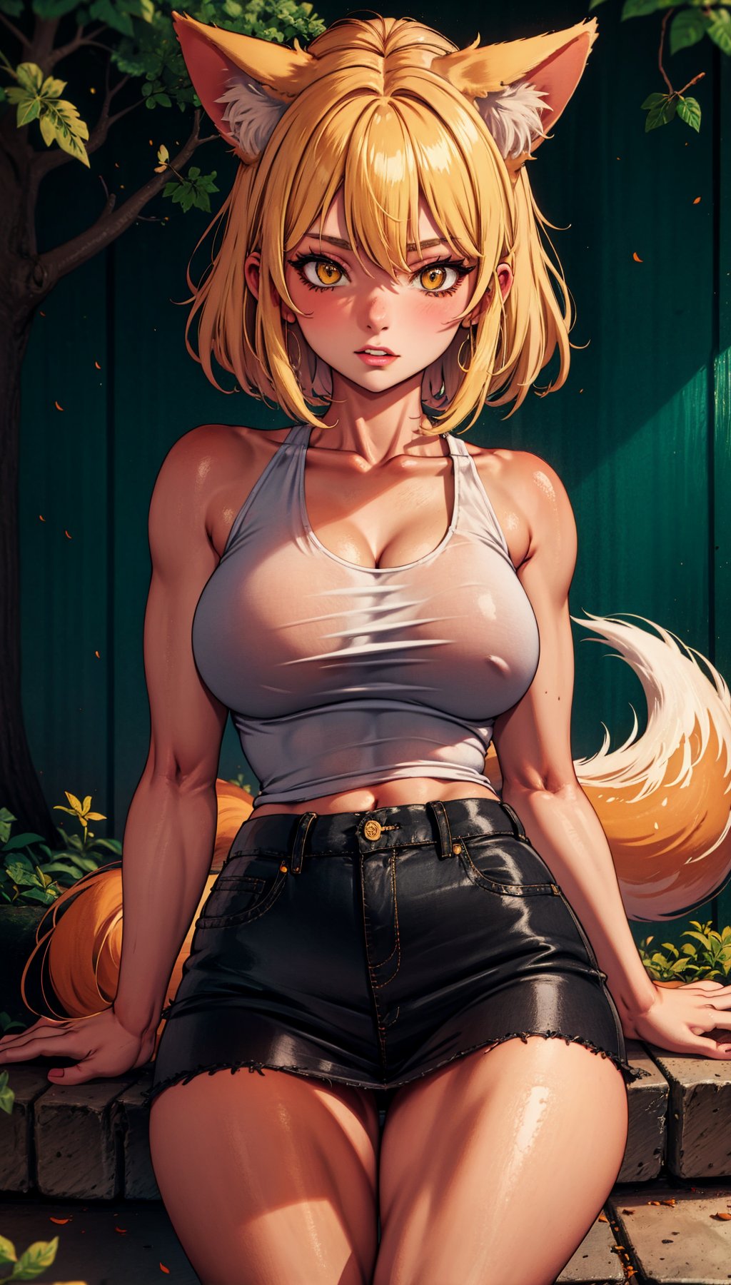 Fox girl,  blonde,  short skirt,  sleeveless,  open shirt,  tank top,<lora:EMS-257925-EMS:1.000000>