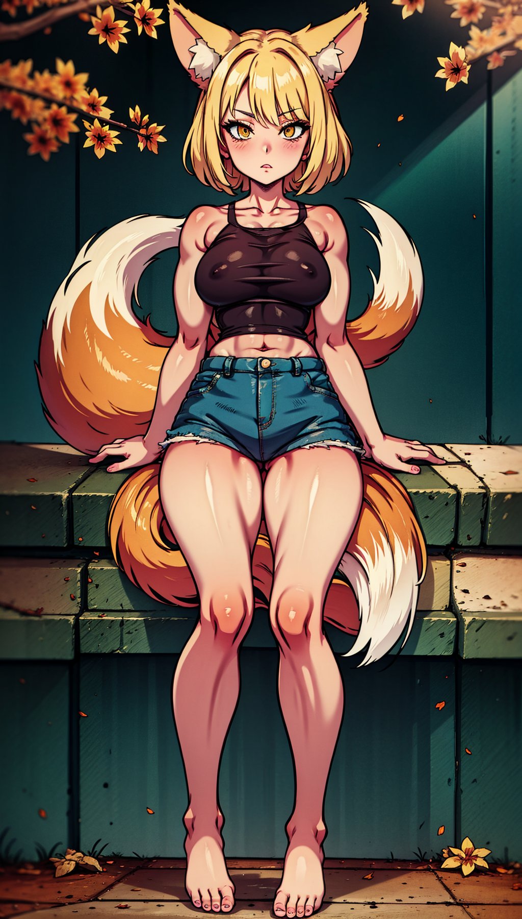 Fox girl,  blonde,  short skirt,  sleeveless,  open shirt,  tank top,<lora:EMS-257925-EMS:1.000000>