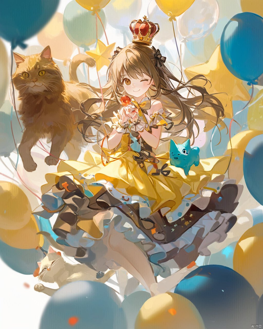 ciloranko,[sho_(sho_lwlw)],(((tianliang duohe fangdongye))) ,1girl, one eye closed, cat, solo, detached sleeves, smile, holding, looking at viewer, balloon, brown eyes, crown, holding animal, blush, bangs, animal, dress, star (symbol), closed mouth, long hair, wrist cuffs, frills, morikubo nono, skirt, layered skirt, blurry, blonde hair, ;), light brown hair, brown hair, full body, bare shoulders, white background, yellow eyes