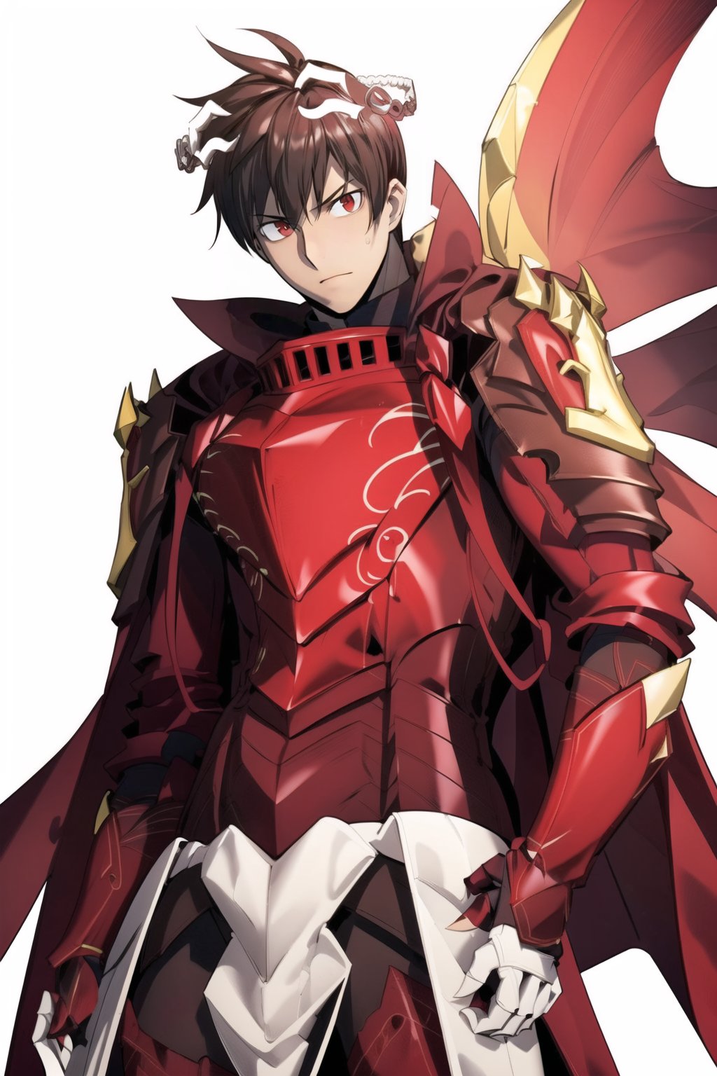 1boy, solo, white background, male focus, GodGrid, Redholyarmor, red armor, red cape, crown, messy hair style ,GodGrid, looking_at_viewer, red eyes