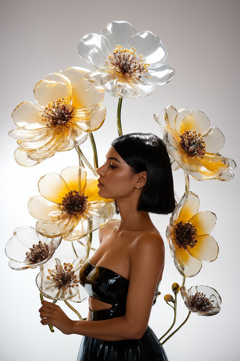 dark room studio portrait, black back drop, black room, darkroom, dimmed environment, a side portrait of an attractive blonde hair tanned woman surrounded by flowers made of glass, olive skin, glowing skin, tanned lines, wearing a elegnat dress made of transparent glass flowers, transparent flower, glass flower, filled with flowers, full of flowers, flower bed (close up shot 1:1) alluring pose, glass statue, attractive pose, epic pose, shot from below, perspective view, dynamic angle, dynamic pose, fashion editorial photography, master piece, hyper realistic, real skin, natural light, wall made of glass flowers, wall filled with flowers made of glass, dreamy, surreal, enchanting, back lit photography, dramatic lighting, high contrast, studio photography, portrait photography, intimate, super closeup shot,  focused on subject, desaturated, artistic, pop art, sophisticated pose, back light silhouette photography, art photography, avant garde fashion photography, macro lens photography, gigantic transparent glass flowers, monumental scale, giant flower sculptures