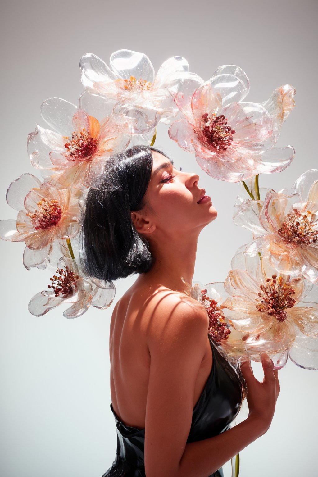 dark room studio portrait, black back drop, black room, a side portrait of an attractive silver hair tanned woman surrounded by flowers made of glass, olive skin, glowing skin, tanned lines, wearing a elegnat dress made of transparent glass flowers, transparent flower, glass flower, filled with flowers, full of flowers, flower bed (close up shot 1:1) alluring pose, glass statue, attractive pose, epic pose, shot from below, perspective view, dynamic angle, dynamic pose, fashion editorial photography, master piece, hyper realistic, real skin, natural light, wall made of glass flowers, wall filled with flowers made of glass, dreamy, surreal, enchanting, back lit photography, dramatic lighting, high contrast, studio photography, portrait photography, intimate, super closeup shot,  focused on subject, desaturated, artistic, pop art, sophisticated pose, back light silhouette photography, art photography, avant garde fashion photography, macro lens photography, gigantic transparent glass flowers, monumental scale, giant flower sculptures