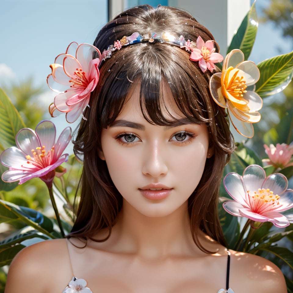 an attractive woman wearing a flower hair accessories made of glass, glass flower, transparent flower