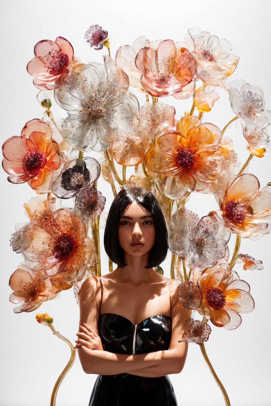 dark room studio portrait, black back drop, black room, darkroom, dimmed environment, a side portrait of an attractive blonde hair tanned woman surrounded by flowers made of glass, olive skin, glowing skin, tanned lines, wearing a elegnat dress made of transparent glass flowers, transparent flower, glass flower, filled with flowers, full of flowers, flower bed (close up shot 1:1) alluring pose, glass statue, attractive pose, epic pose, shot from below, perspective view, dynamic angle, dynamic pose, fashion editorial photography, master piece, hyper realistic, real skin, natural light, wall made of glass flowers, wall filled with flowers made of glass, dreamy, surreal, enchanting, back lit photography, dramatic lighting, high contrast, studio photography, portrait photography, intimate, super closeup shot,  focused on subject, desaturated, artistic, pop art, sophisticated pose, back light silhouette photography, art photography, avant garde fashion photography, macro lens photography, gigantic transparent glass flowers, monumental scale, giant flower sculptures