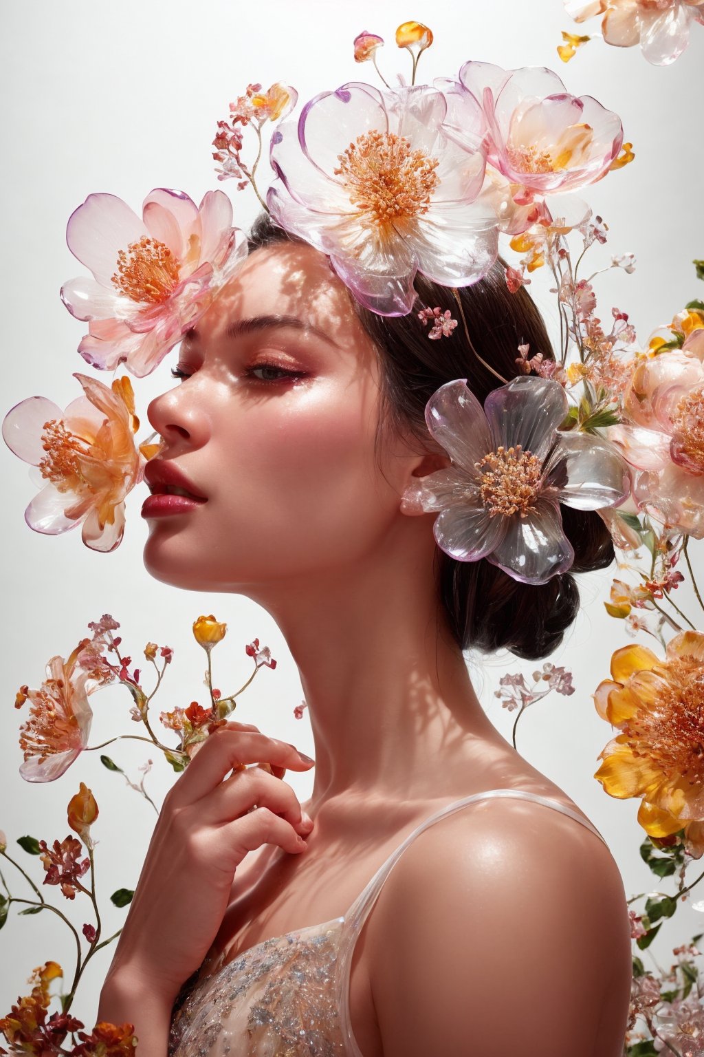 a side portrait of an attractive woman surrounded by flowers made of glass, wearing a elegnat dress made of transparent glass flowers, transparent flower, glass flower, filled with flowers, full of flowers, flower bed (close up shot 1:1) alluring pose, glass statue, attractive pose, epic pose, shot from below, perspective view, dynamic angle, dynamic pose, fashion editorial photography, master piece, hyper realistic, real skin, natural light, wall made of glass flowers, wall filled with flowers made of glass, dreamy, surreal, enchanting, back lit photography, dramatic lighting, high contrast, studio photography, portrait photography