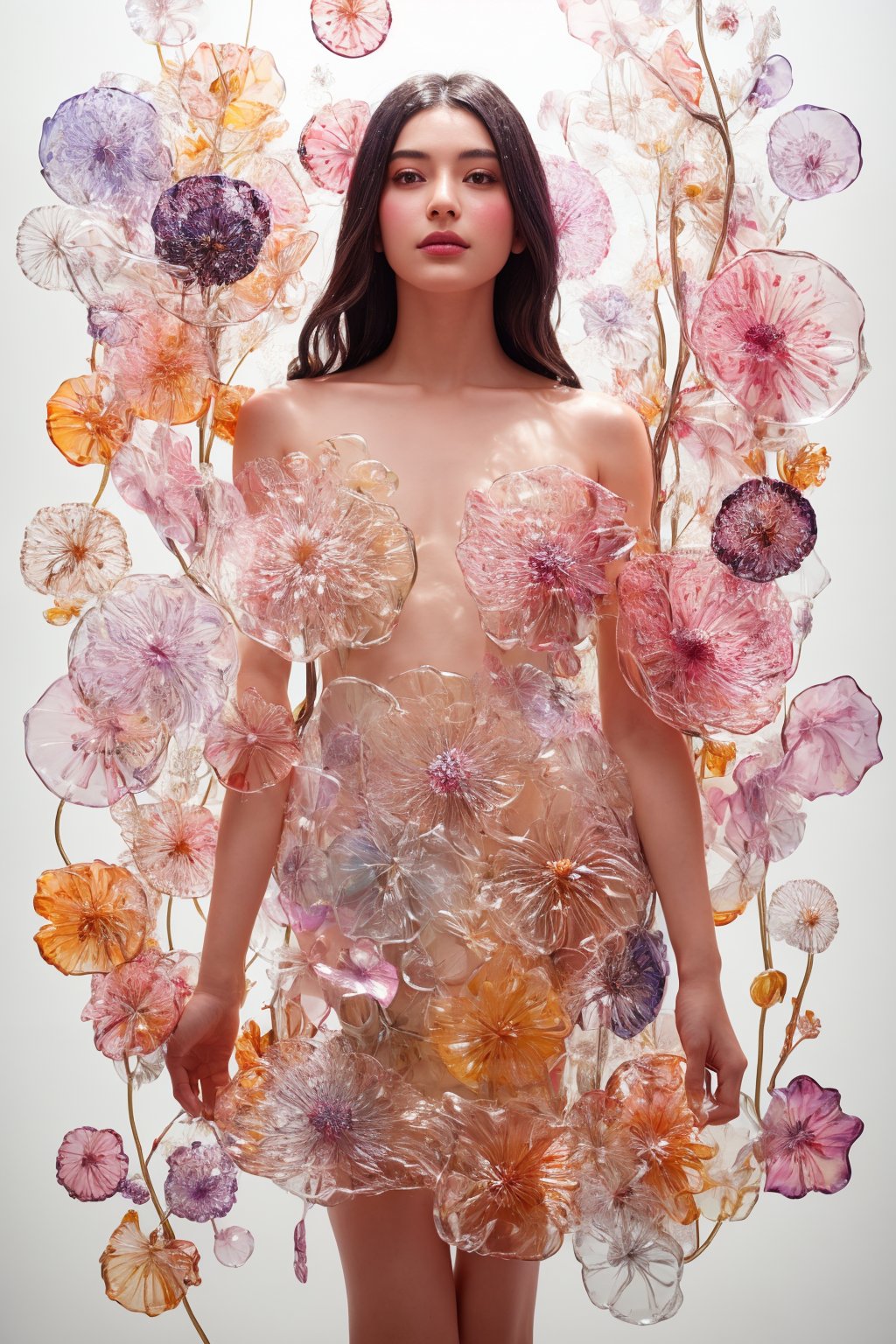 an attractive woman surrounded by flowers made of glass, wearing a elegnat dress made of transparent glass flowers, transparent flower, glass flower, filled with flowers, full of flowers, flower bed (close up shot 1:1) alluring pose, glass statue, attractive pose, epic pose, shot from below, perspective view, dynamic angle, dynamic pose, fashion editorial photography, master piece, hyper realistic, real skin, natural light, wall made of glass flowers, wall filled with flowers made of glass, dreamy, surreal, enchanting