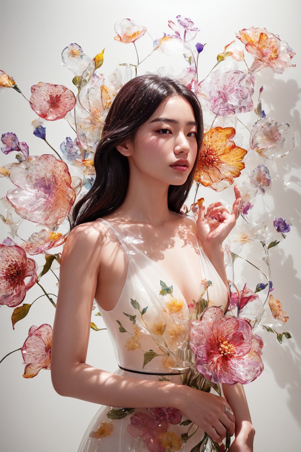 a side portrait of an attractive korean woman laying on a bed of flowers made of glass, wearing a elegant floral dress made of transparent glass flowers, transparent flower, glass flower, filled with flowers, full of flowers, flower bed (close up shot 1:1) alluring pose, glass statue, attractive pose, epic pose, shot from below, perspective view, dynamic angle, dynamic pose, fashion editorial photography, master piece, hyper realistic, real skin, natural light, wall made of glass flowers, wall filled with flowers made of glass, dreamy, surreal, enchanting, back lit photography, dramatic lighting, high contrast, studio photography, portrait photography