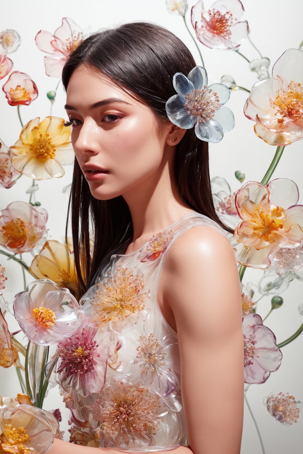 a side portrait of an attractive woman surrounded by flowers made of glass, wearing a elegant floral dress made of transparent glass flowers, transparent flower, glass flower, filled with flowers, full of flowers, flower bed (close up shot 1:1) alluring pose, glass statue, attractive pose, epic pose, shot from below, perspective view, dynamic angle, dynamic pose, fashion editorial photography, master piece, hyper realistic, real skin, natural light, wall made of glass flowers, wall filled with flowers made of glass, dreamy, surreal, enchanting, back lit photography, dramatic lighting, high contrast, studio photography, portrait photography