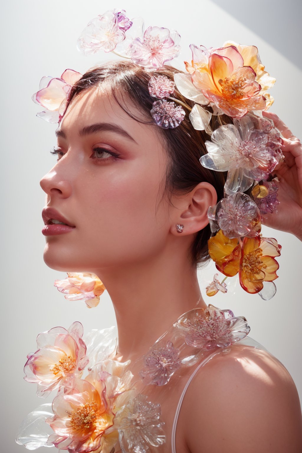 a side portrait of an attractive woman surrounded by flowers made of glass, wearing a elegnat dress made of transparent glass flowers, transparent flower, glass flower, filled with flowers, full of flowers, flower bed (close up shot 1:1) alluring pose, glass statue, attractive pose, epic pose, shot from below, perspective view, dynamic angle, dynamic pose, fashion editorial photography, master piece, hyper realistic, real skin, natural light, wall made of glass flowers, wall filled with flowers made of glass, dreamy, surreal, enchanting, back lit photography, dramatic lighting, high contrast, studio photography, portrait photography