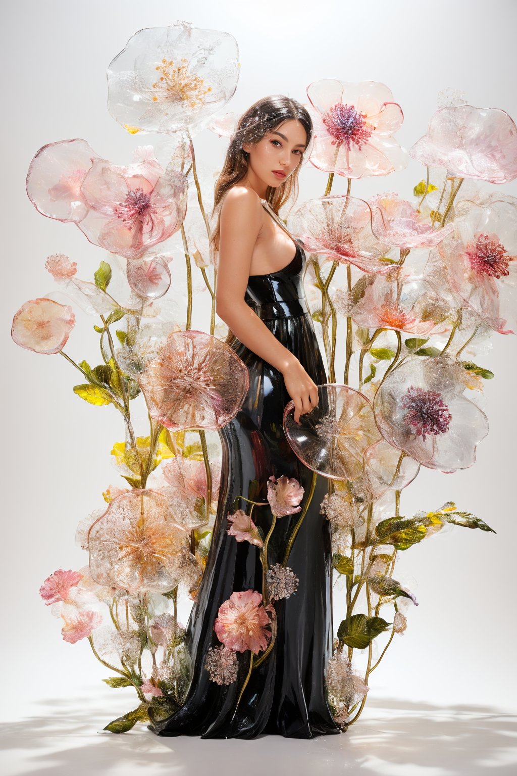 dark room studio portrait, black back drop, black room, darkroom, dimmed environment, a side portrait of an attractive blonde hair tanned woman surrounded by flowers made of glass, olive skin, glowing skin, tanned lines, wearing a elegnat dress made of transparent glass flowers, transparent flower, glass flower, filled with flowers, full of flowers, flower bed (close up shot 1:1) alluring pose, glass statue, attractive pose, epic pose, shot from below, perspective view, dynamic angle, dynamic pose, fashion editorial photography, master piece, hyper realistic, real skin, natural light, wall made of glass flowers, wall filled with flowers made of glass, dreamy, surreal, enchanting, back lit photography, dramatic lighting, high contrast, studio photography, portrait photography, intimate, super closeup shot,  focused on subject, desaturated, artistic, pop art, sophisticated pose, back light silhouette photography, art photography, avant garde fashion photography, macro lens photography, gigantic transparent glass flowers, monumental scale, giant flower sculptures