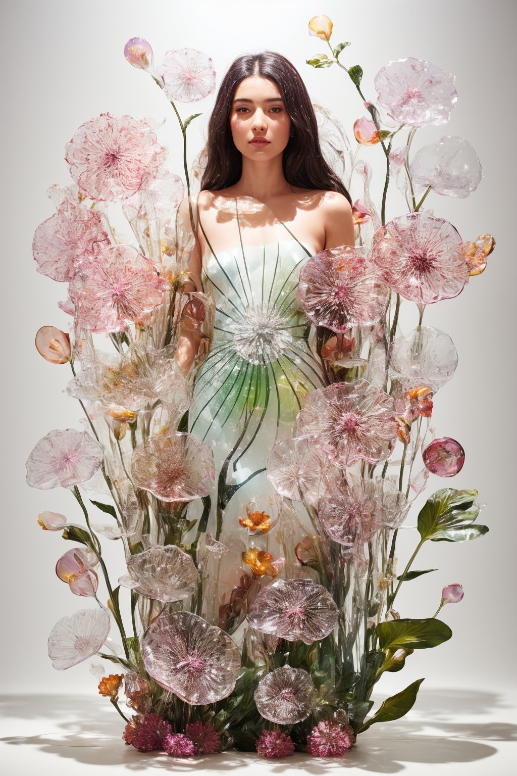 an attractive woman surrounded by flowers made of glass, wearing a elegnat dress made of transparent glass flowers, transparent flower, glass flower, filled with flowers, full of flowers, flower bed (close up shot 1:1) alluring pose, glass statue, attractive pose, epic pose, shot from below, perspective view, dynamic angle, dynamic pose, fashion editorial photography, master piece, hyper realistic, real skin, natural light, wall made of glass flowers, wall filled with flowers made of glass, dreamy, surreal, enchanting