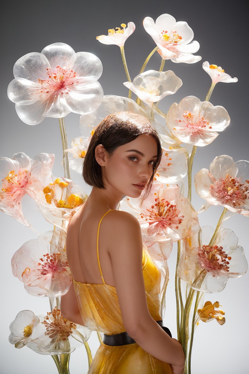 dark room studio portrait, black back drop, black room, darkroom, dimmed environment, a side portrait of an attractive blonde hair tanned woman surrounded by flowers made of glass, olive skin, glowing skin, tanned lines, wearing a elegnat dress made of transparent glass flowers, body covered in transparent flowers, transparent flower, glass flower, filled with flowers, full of flowers, flower bed (close up shot 1:1) alluring pose, glass statue, attractive pose, epic pose, shot from below, perspective view, dynamic angle, dynamic pose, fashion editorial photography, master piece, hyper realistic, real skin, natural light, wall made of glass flowers, wall filled with flowers made of glass, dreamy, surreal, enchanting, back lit photography, dramatic lighting, high contrast, studio photography, portrait photography, intimate, super closeup shot,  focused on subject, desaturated, artistic, pop art, sophisticated pose, back light silhouette photography, art photography, avant garde fashion photography, macro lens photography, gigantic transparent glass flowers, monumental scale, giant flower sculptures, obscure backround, dark scene