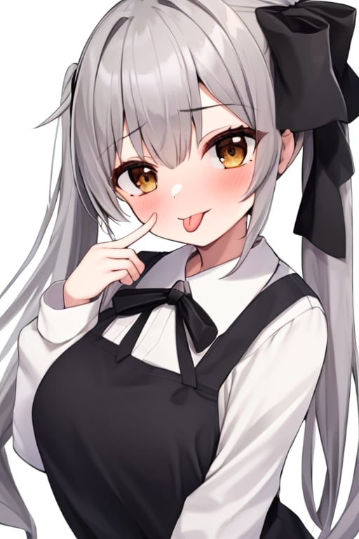 (masterpiece),(best quality), 

1girl, solo, long hair, looking at viewer, blush, simple background, shirt, long sleeves, white background, ribbon, brown eyes, hair ribbon, white shirt, grey hair, tongue, tongue out, side ponytail, black ribbon, :p, akanbe