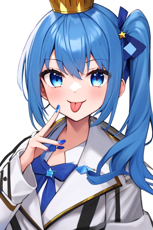 (masterpiece),(best quality), 

1girl, solo, looking at viewer, smile, blue eyes, simple background, shirt, white background, bow, ribbon, blue hair, jacket, upper body, sidelocks, tongue, tongue out, medium hair, star (symbol), side ponytail, blue bow, white jacket, crown, :p, blue nails, akanbe